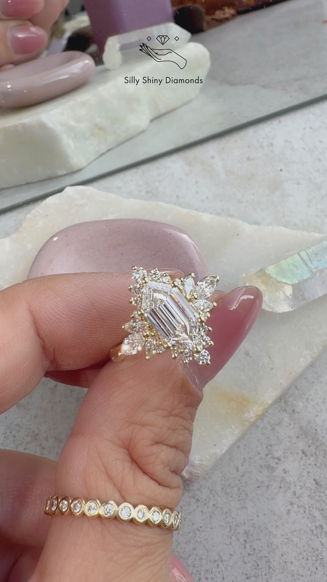 Elongated Hexagon Moissanite and Diamonds Celestial Star Engagement Ring Nora