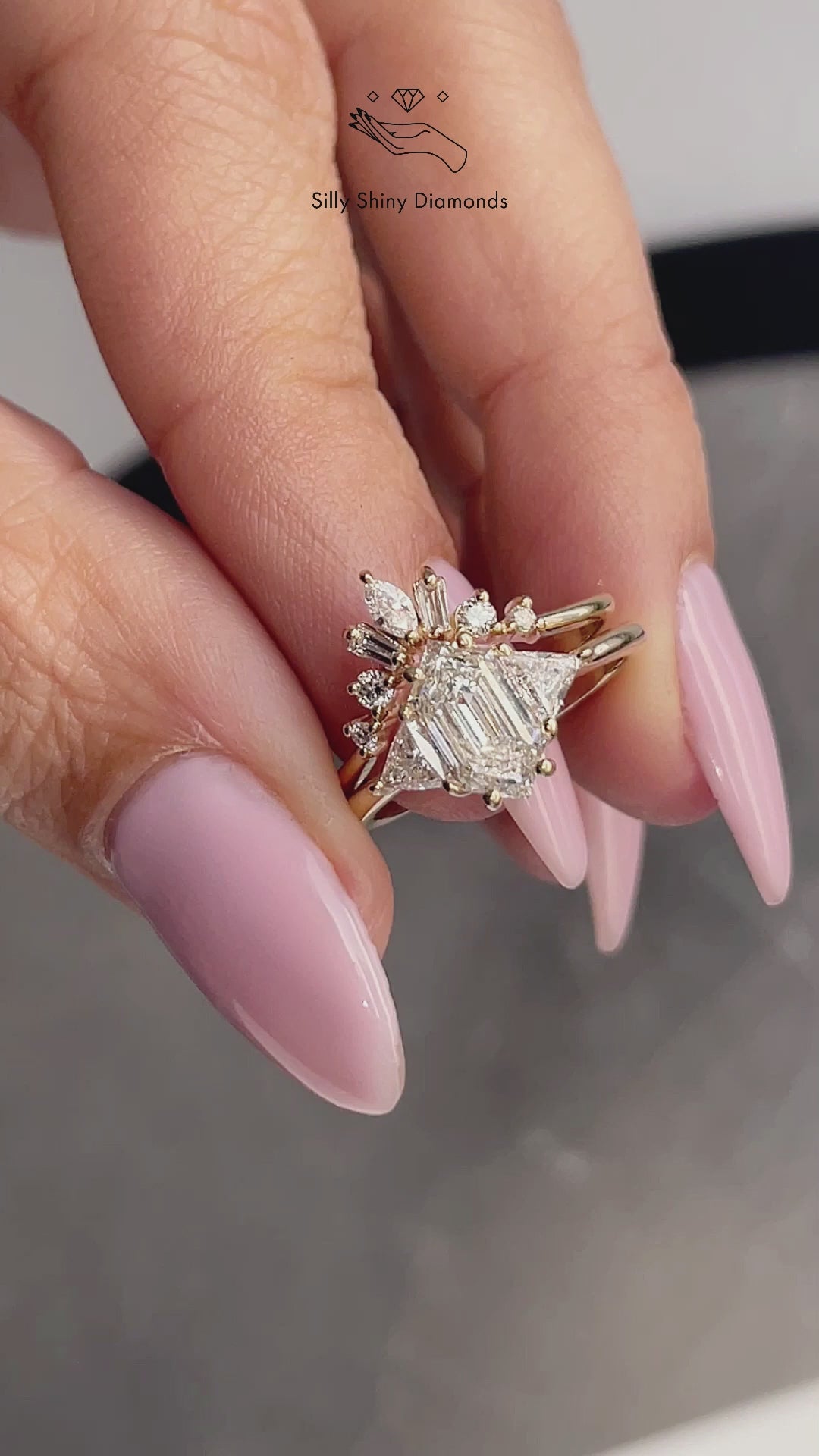 Elongated Hexagon Lab Diamond Three Stone Engagement ring & Nesting Ri ...