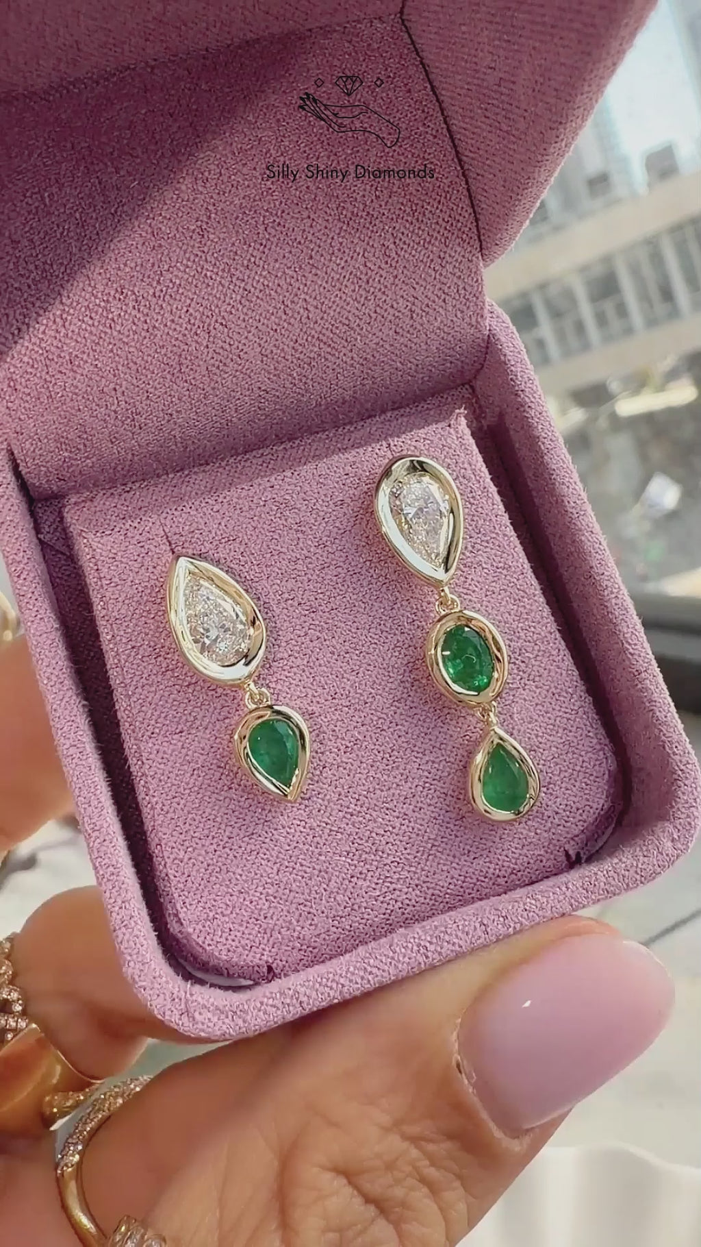 Pear Diamond and Emerald Bezel Set Long Drop Earrings, pear shape , diamond, emerlad, drop earrings, bezel setting