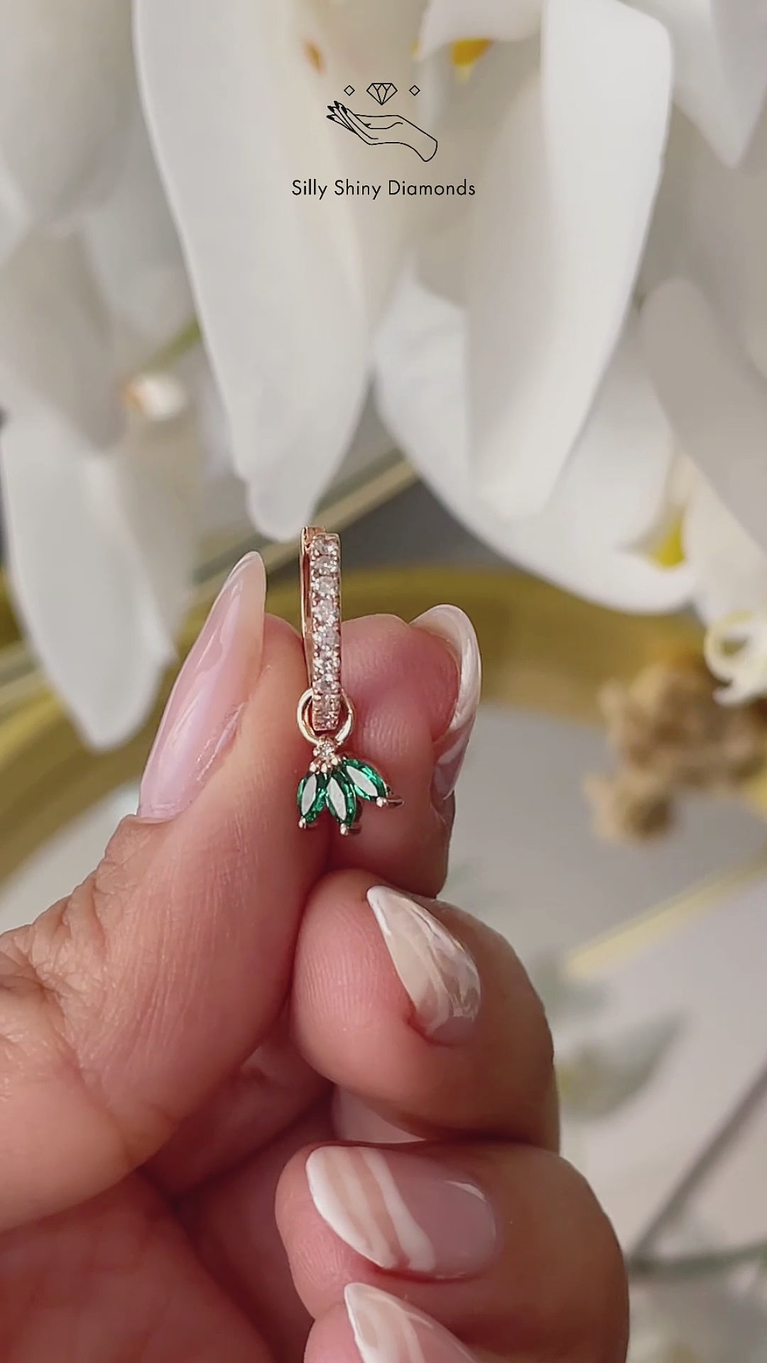 Small hoop with marquise emerald drop huggie diamond earrings