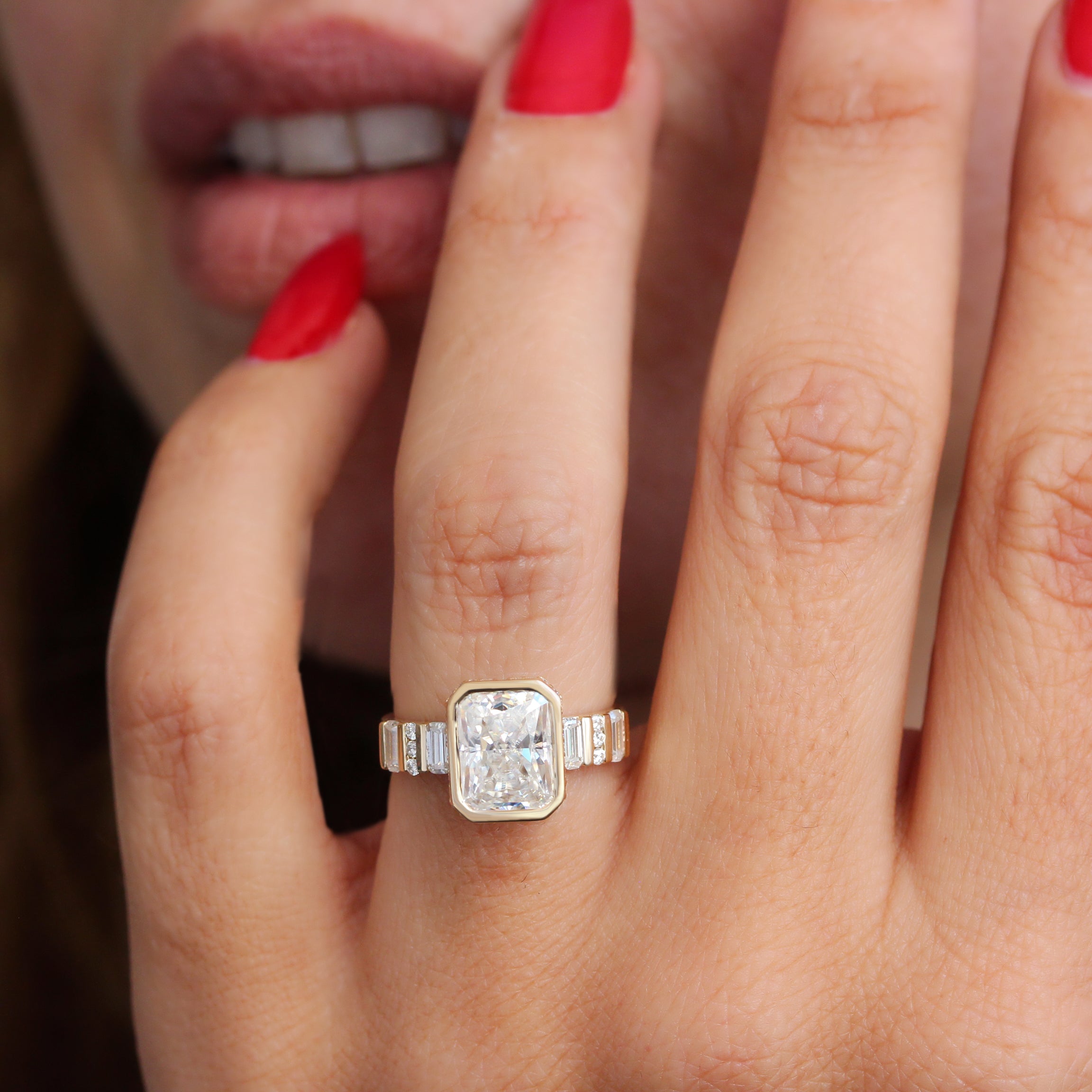 Bezel Set Radiant Moissanite, Hidden halo and Baguette moissanite band, Urban Engagement Ring