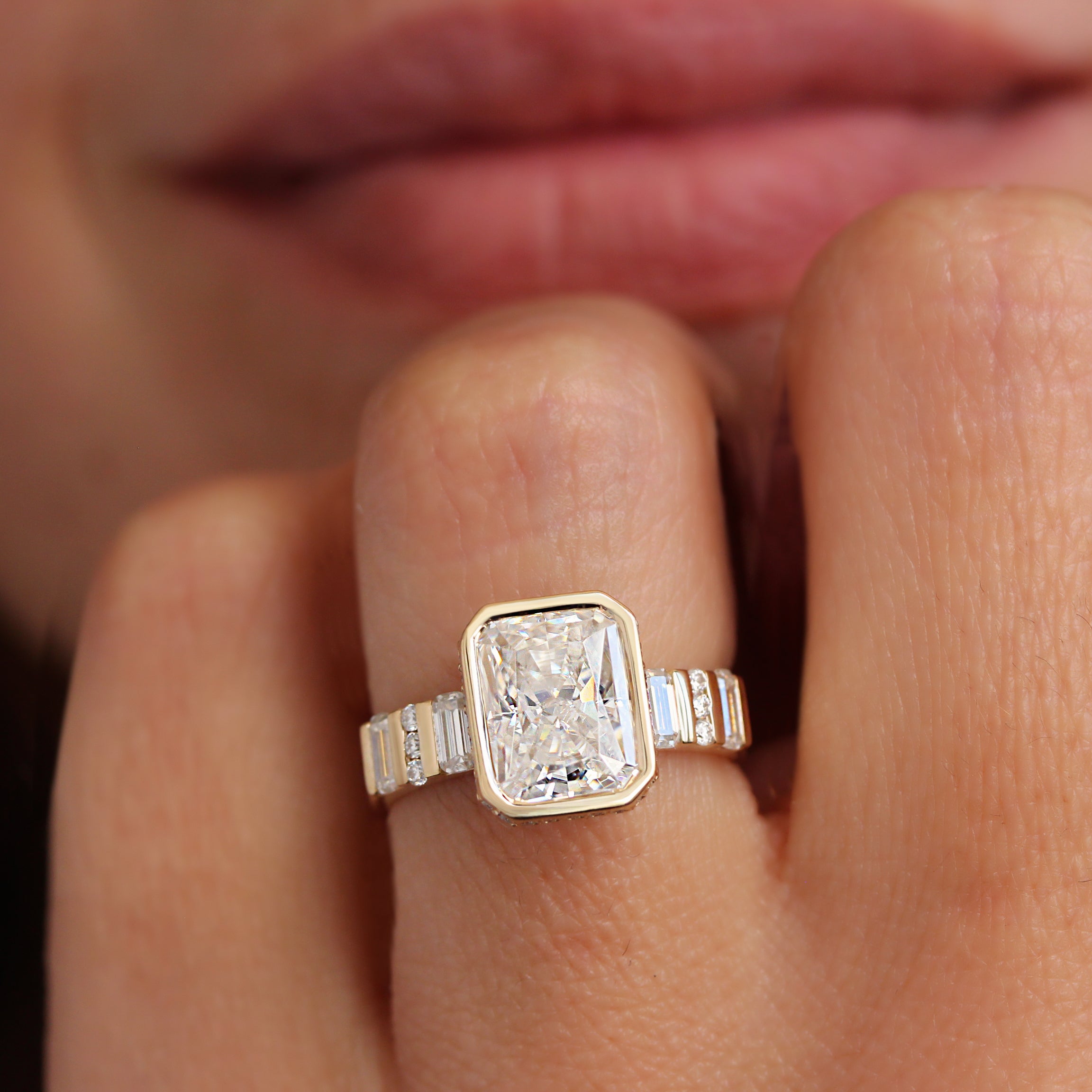 Bezel Set Radiant Moissanite, Hidden halo and Baguette moissanite band, Urban Engagement Ring