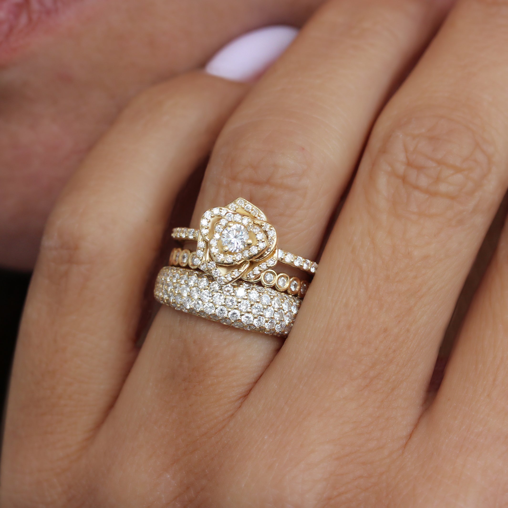 rose diamond flower engagement ring yellow gold