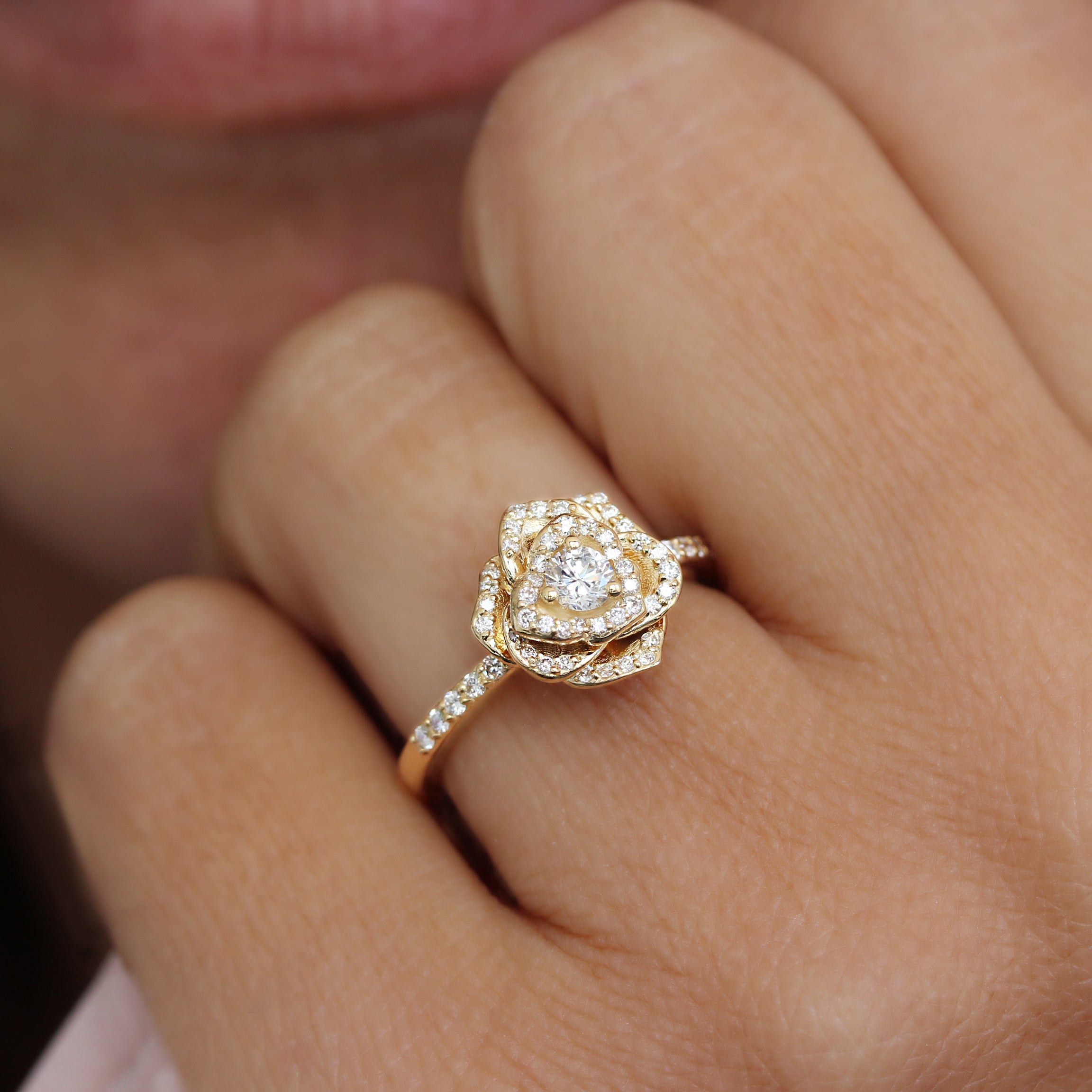 rose diamond flower engagement ring yellow gold
