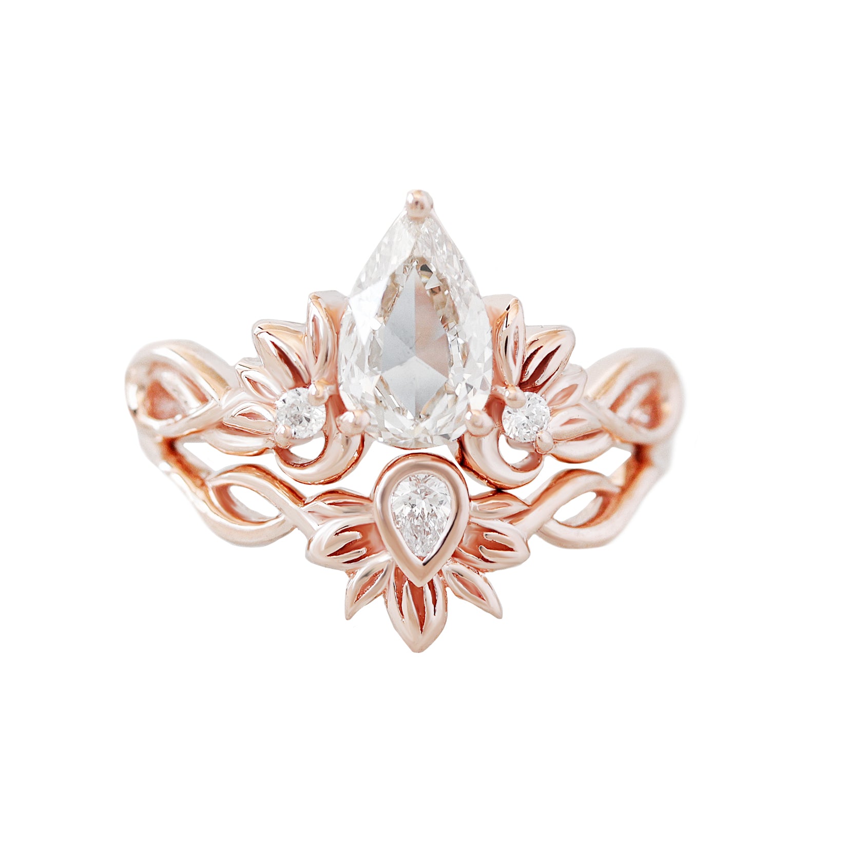 Rose Cut Pear Shape Tropical Nature Solitaire Bridal Ring Set, Champagne Diamond, 14K Rose Gold OOAK
