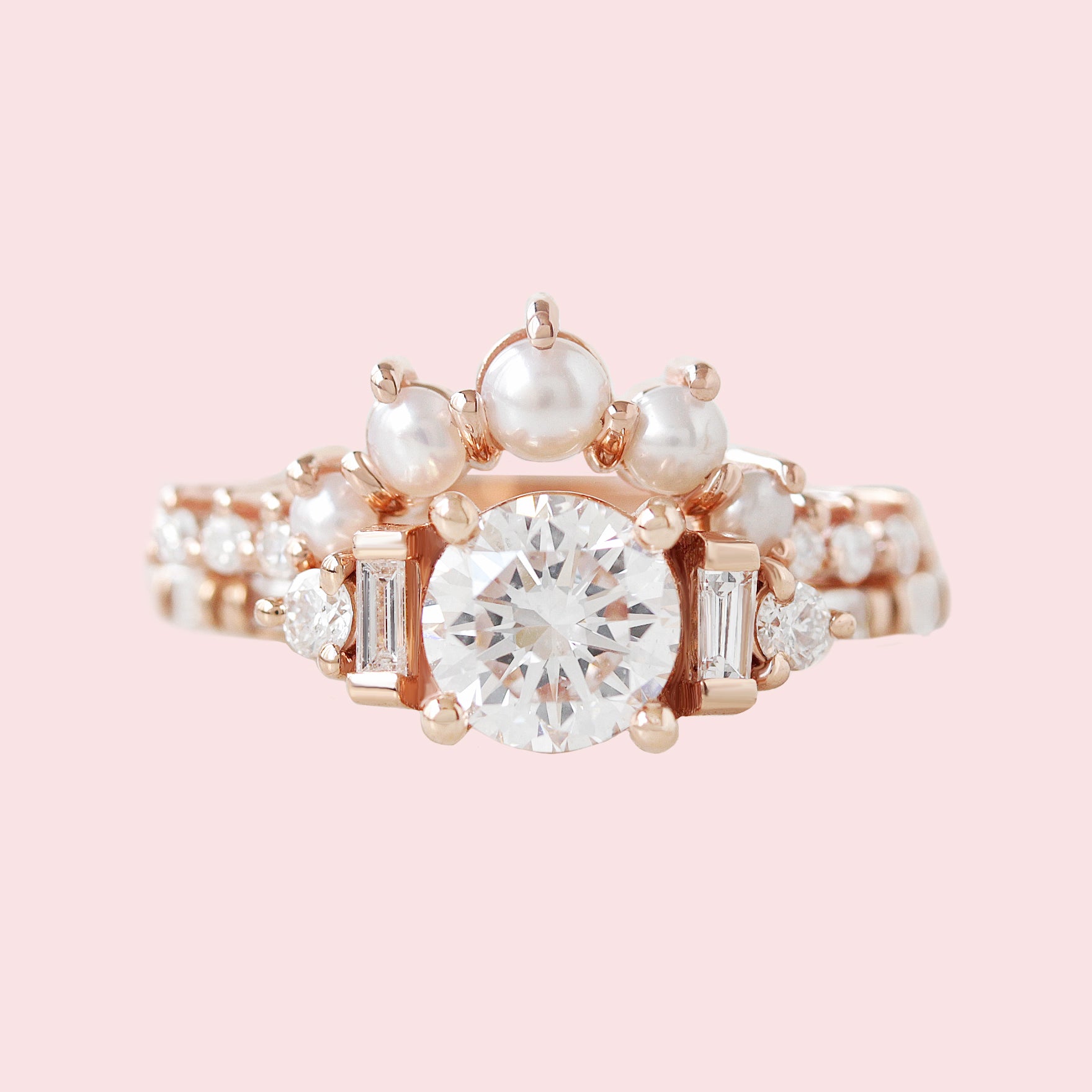 Delete Round and Baguettes Diamond Engagement Ring, Pearls Crown Nesting Rings, Alana  ♥
