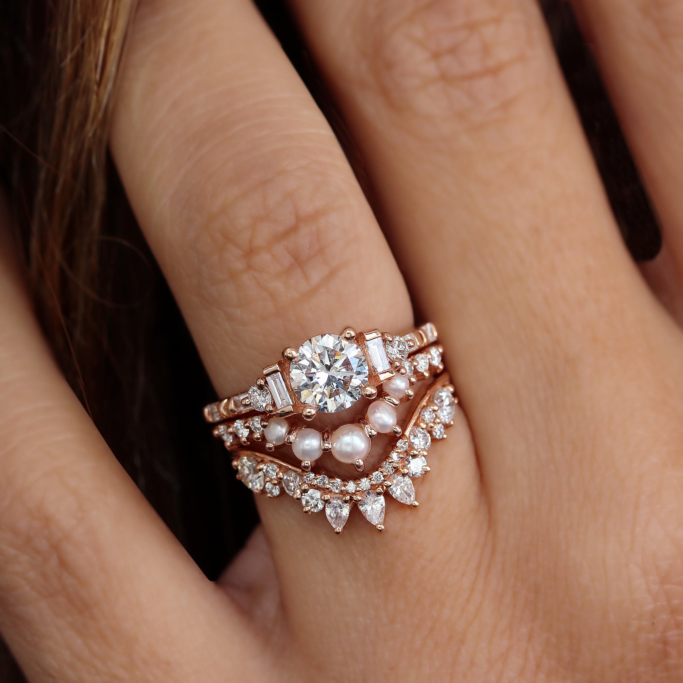 Delete Round and Baguettes Diamond Engagement Ring, Pearls Crown Nesting Rings, Alana  ♥