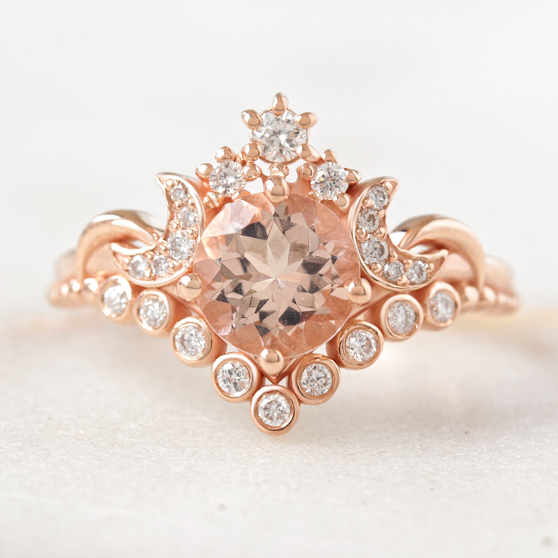 Round Morganite Moons and Stars Engagement Ring, 14K Rose Gold, "Moonlight" OOAK READY TO SHIP! ♥