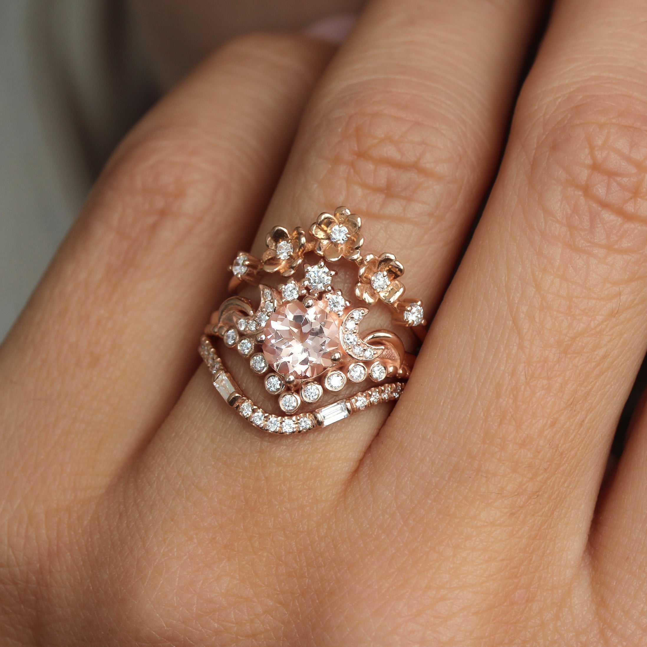 Round Morganite Moons and Stars Engagement Ring, 14K Rose Gold, "Moonlight" READY TO SHIP! ♥
