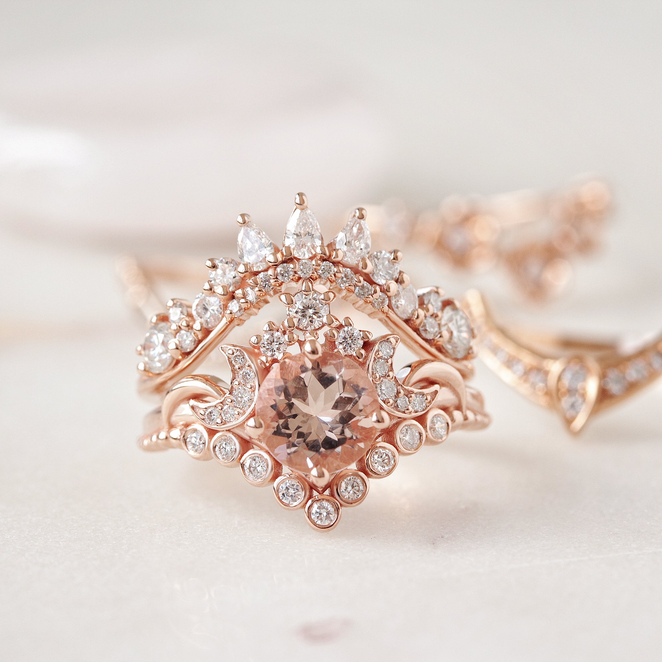 Round Morganite Moons and Stars Engagement Ring, 14K Rose Gold, "Moonlight" OOAK READY TO SHIP! ♥