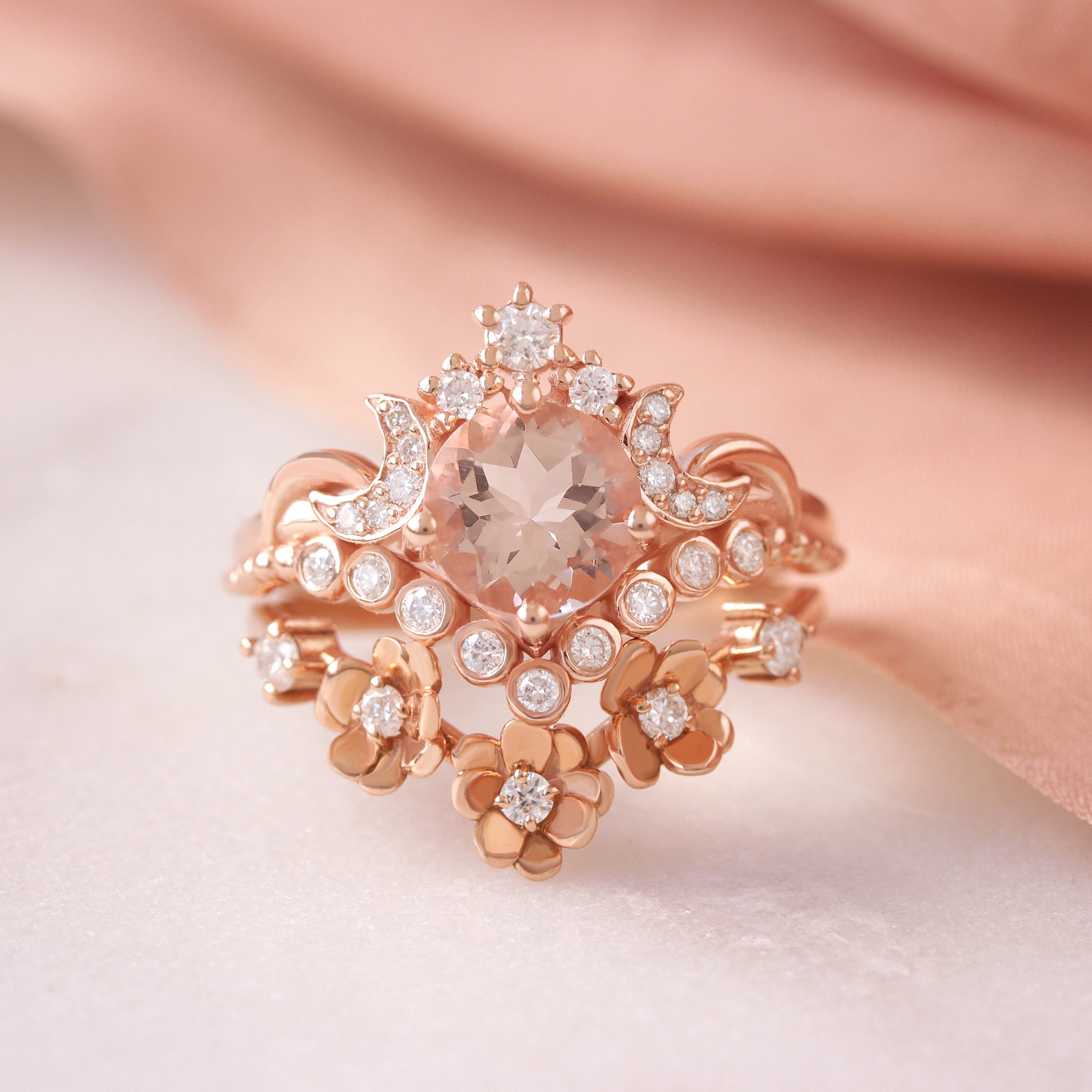 Round Morganite Moons and Stars Engagement Ring, 14K Rose Gold, "Moonlight" OOAK READY TO SHIP! ♥