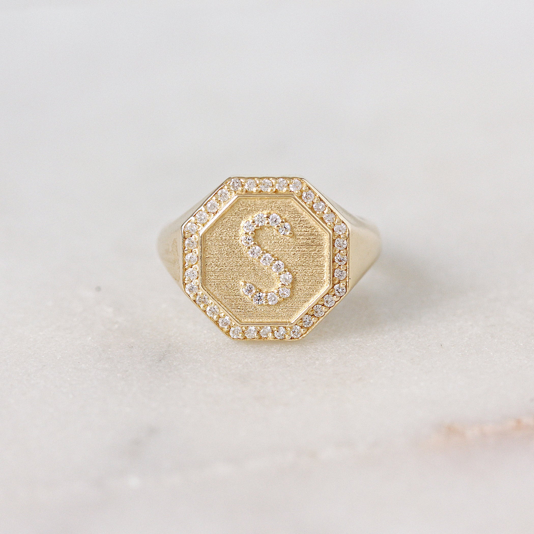 Octagon Signet Diamond Initial Ring - Personalized Gold Name Ring