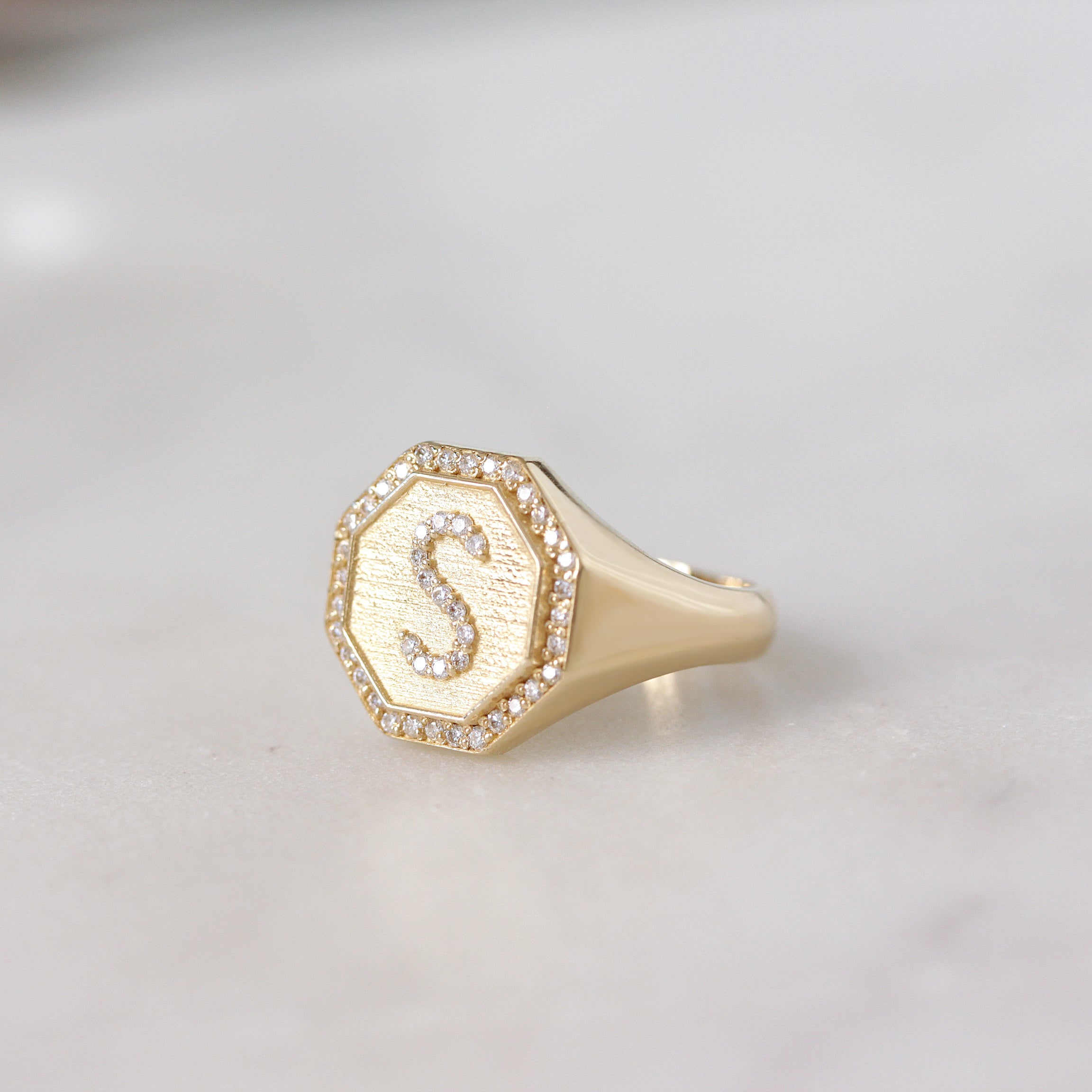 Octagon Signet Diamond Initial Ring - Personalized Gold Name Ring