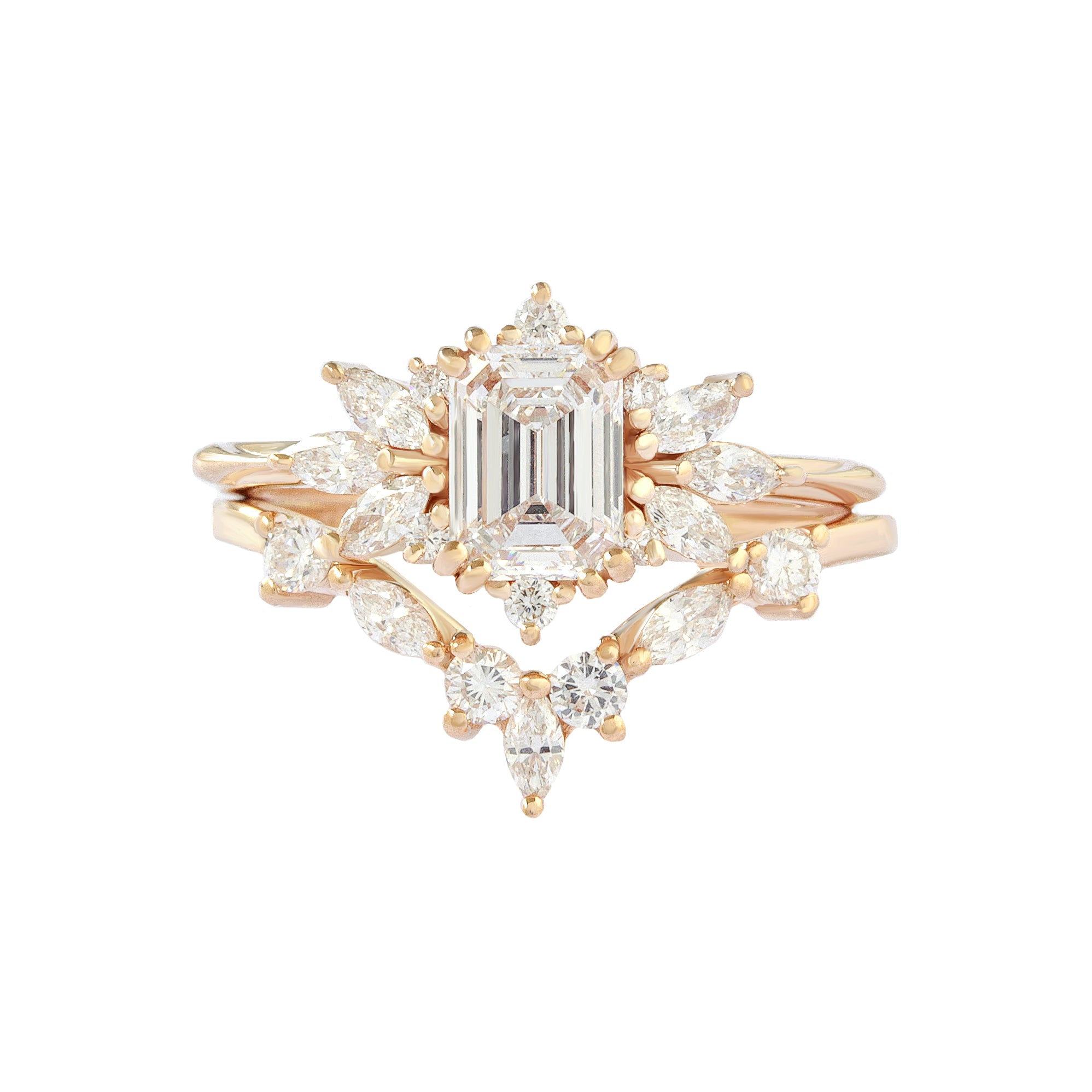 Emerald Cut Diamond Engagement Ring "Spark" & "Hermes" Nesting Rings