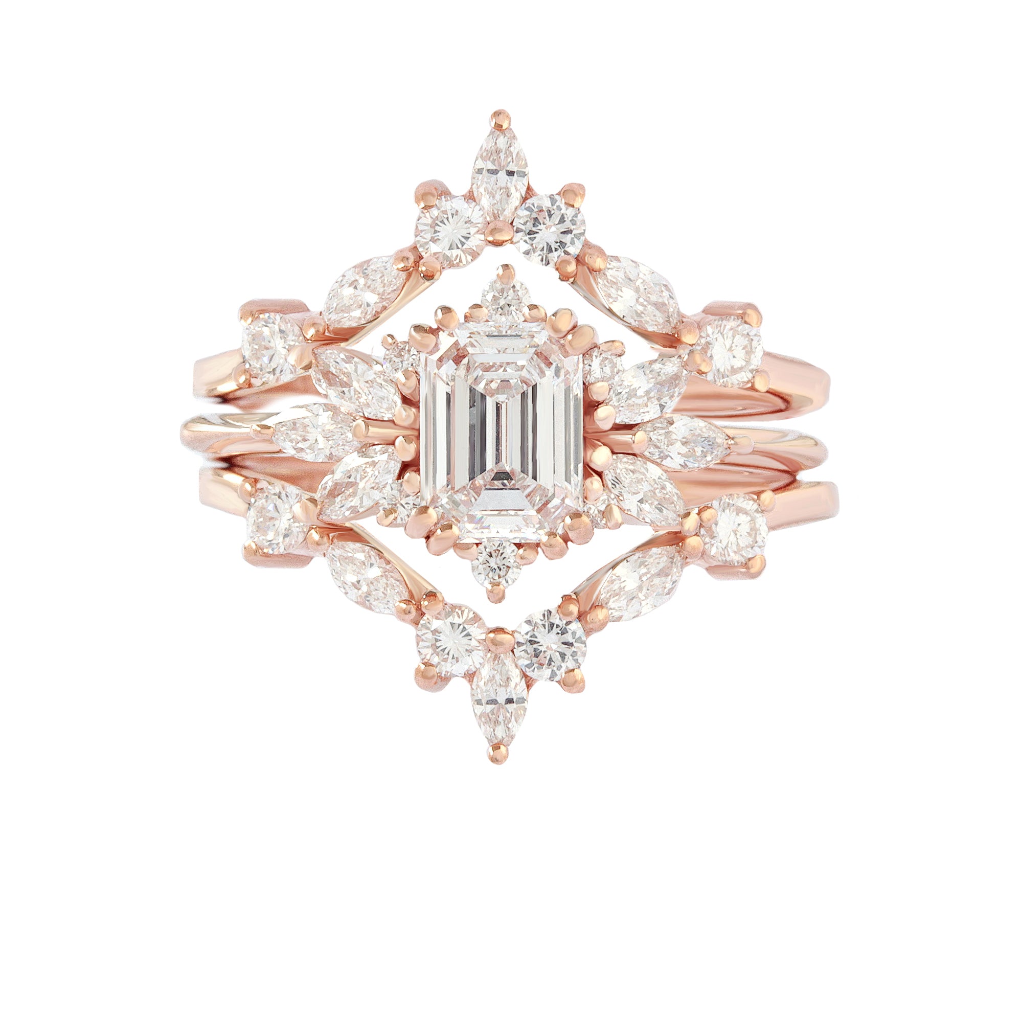 Emerald Cut Diamond Engagement Ring "Spark" & "Hermes" Nesting Rings