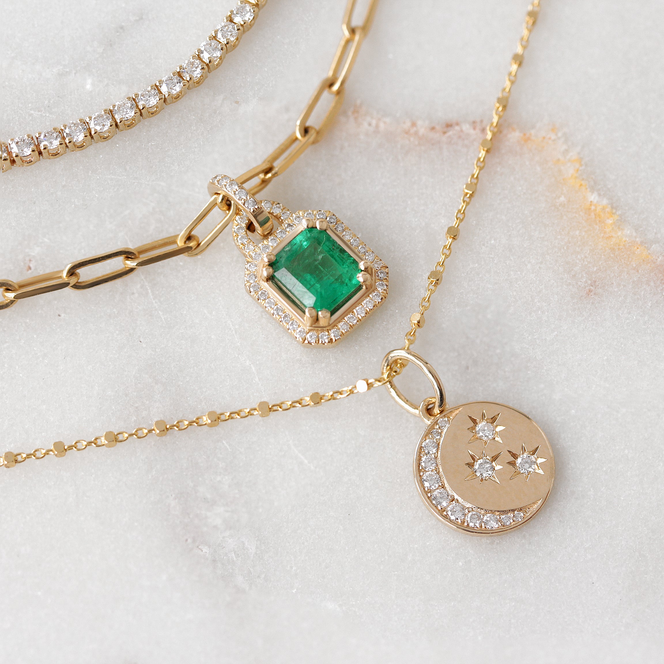 Diamond Crescent Moon & Stars Coin Pendant
