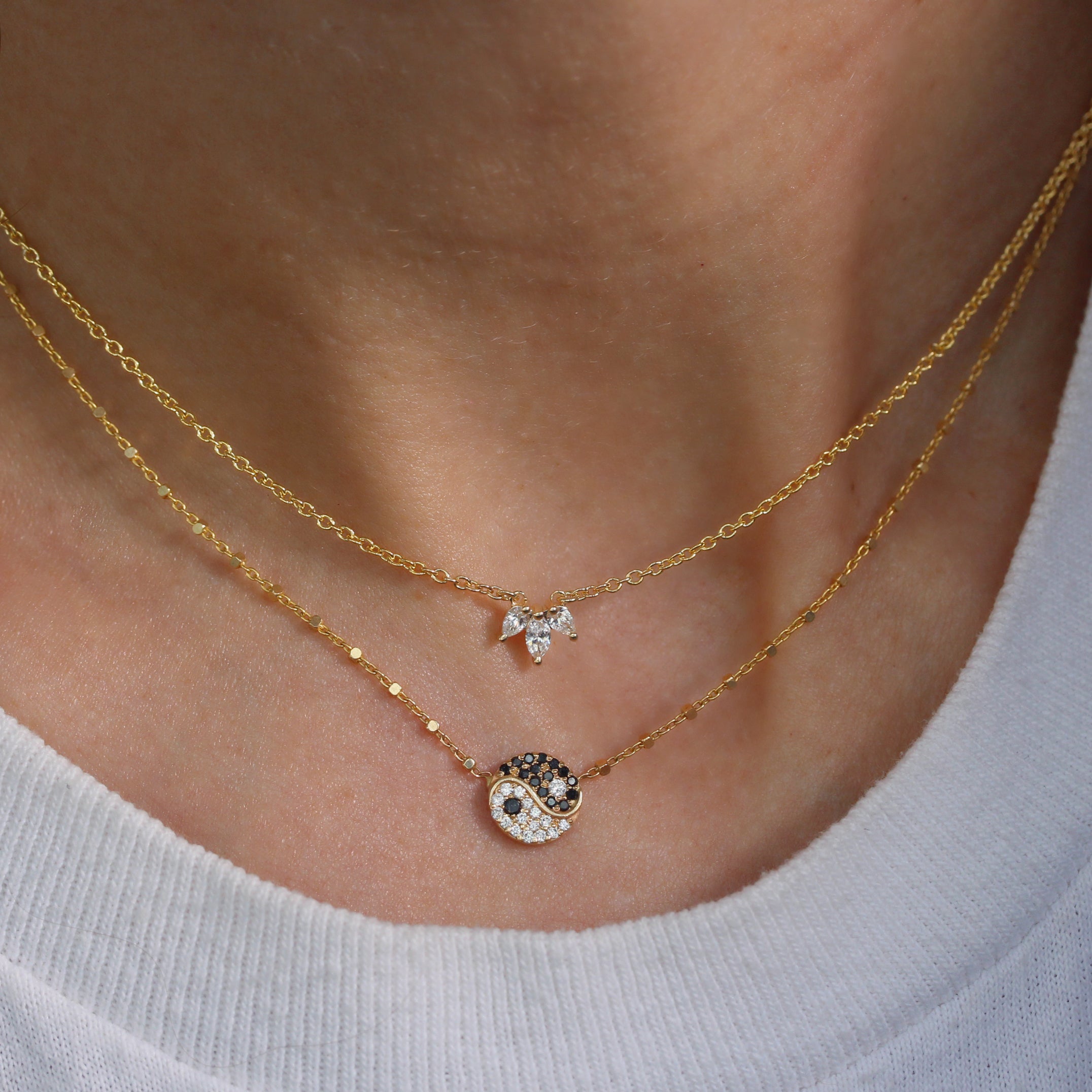 Yin and Yang Horizontal, Black and White Diamonds Gold Beads Necklace