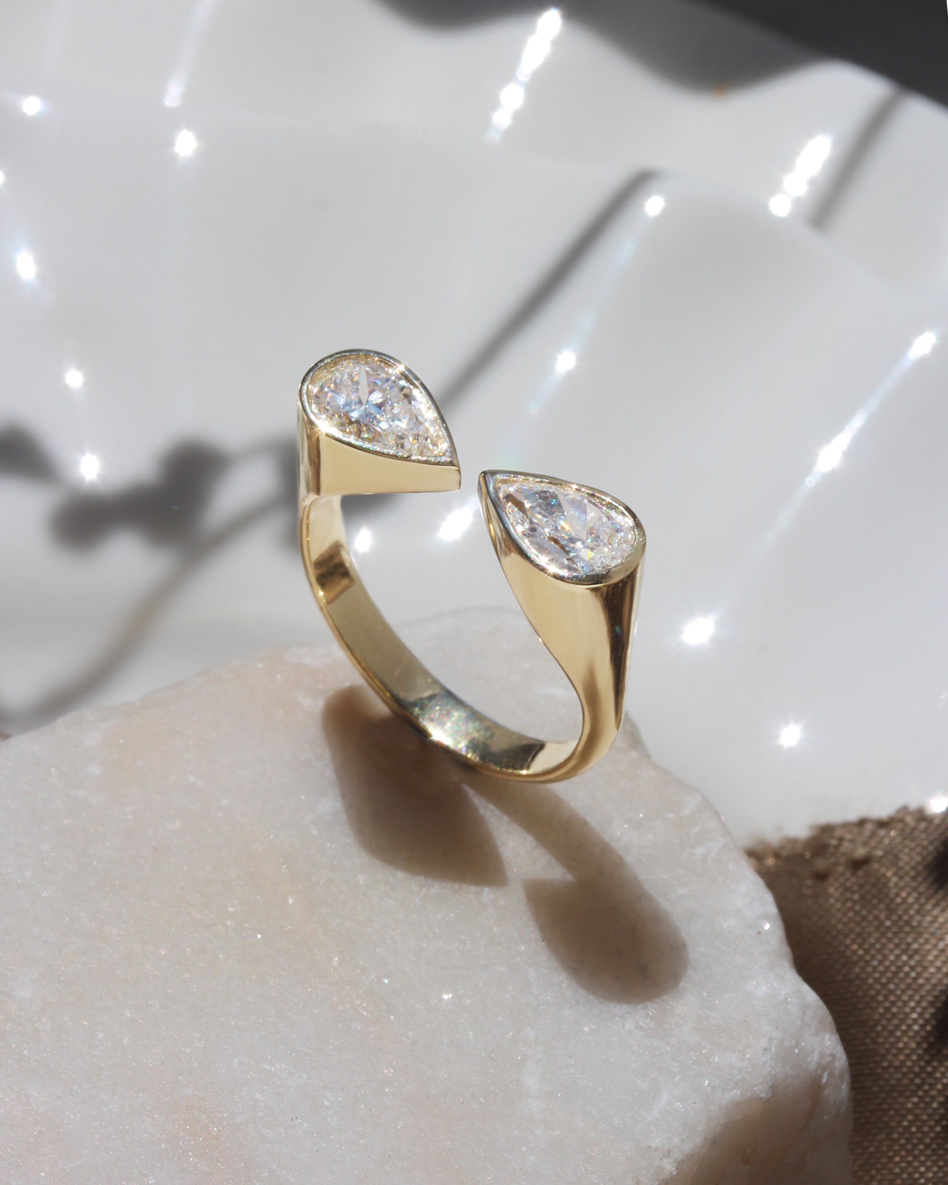 Two Stone Pear Diamond Toi et Moi Bezel Set Cuff Ring