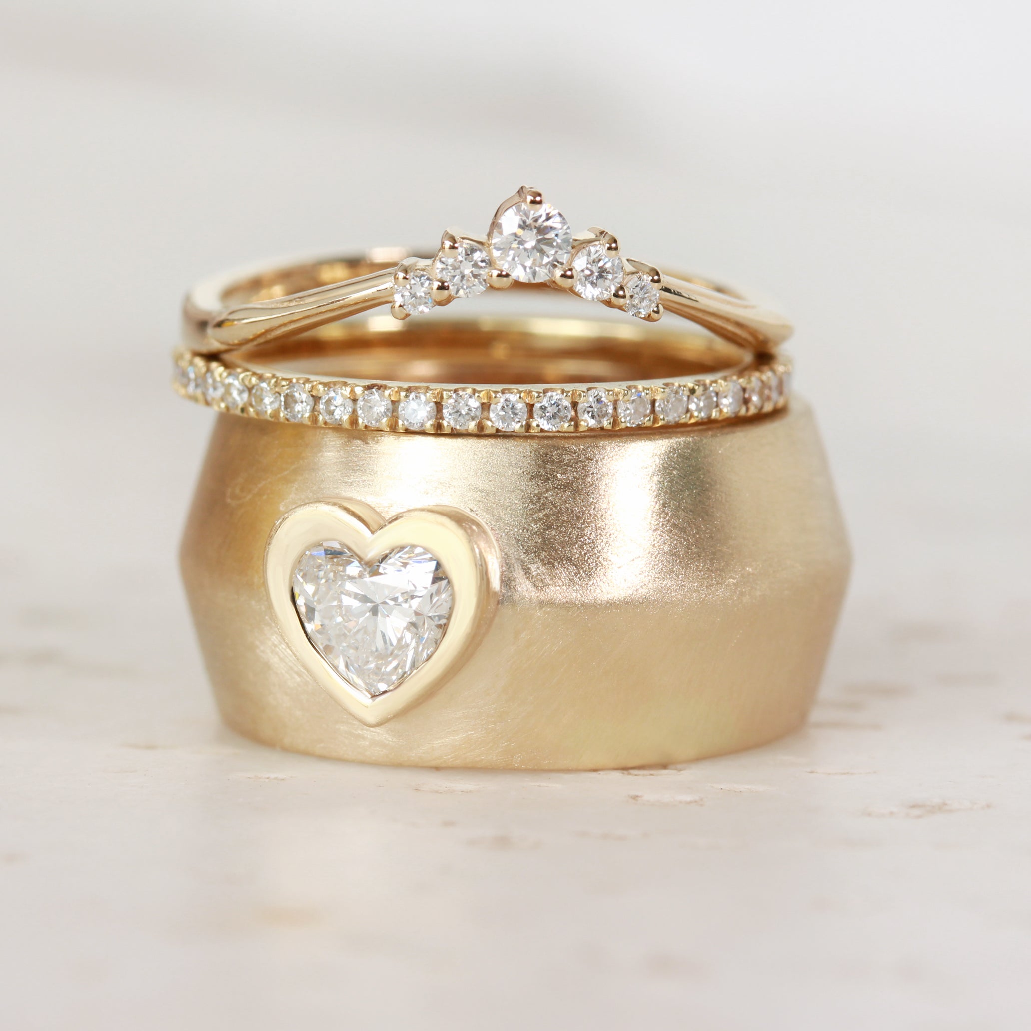 Heart Diamond Bezel Set Wide Gold Cigar Statement Ring ♥