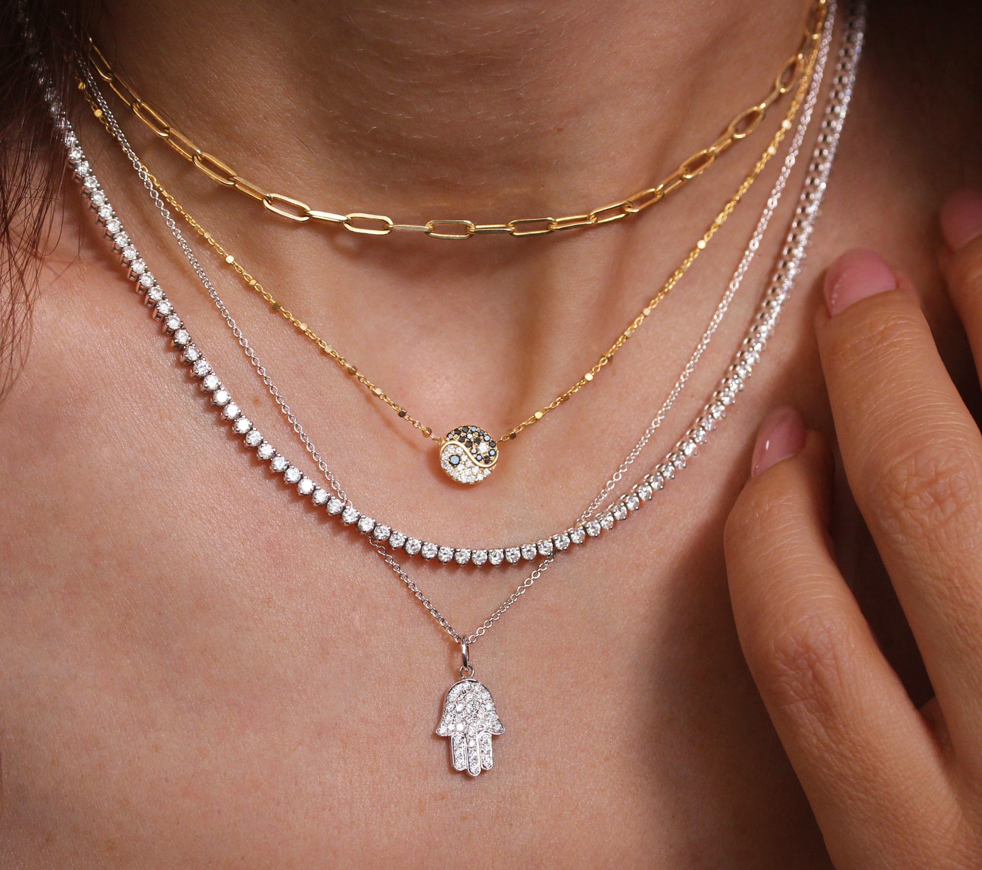 Big Diamond Hamsa Pendant Necklace, Evil Eye Fine Jewelry ♥