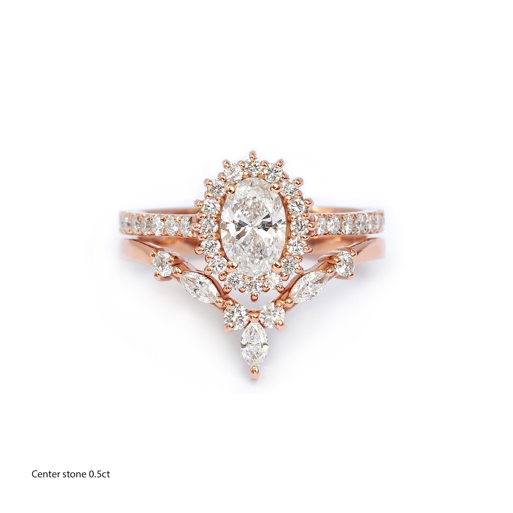 Oval Diamond Halo Engagement ring "Nia" & "Hermes" Wedding Band Two Rings Set