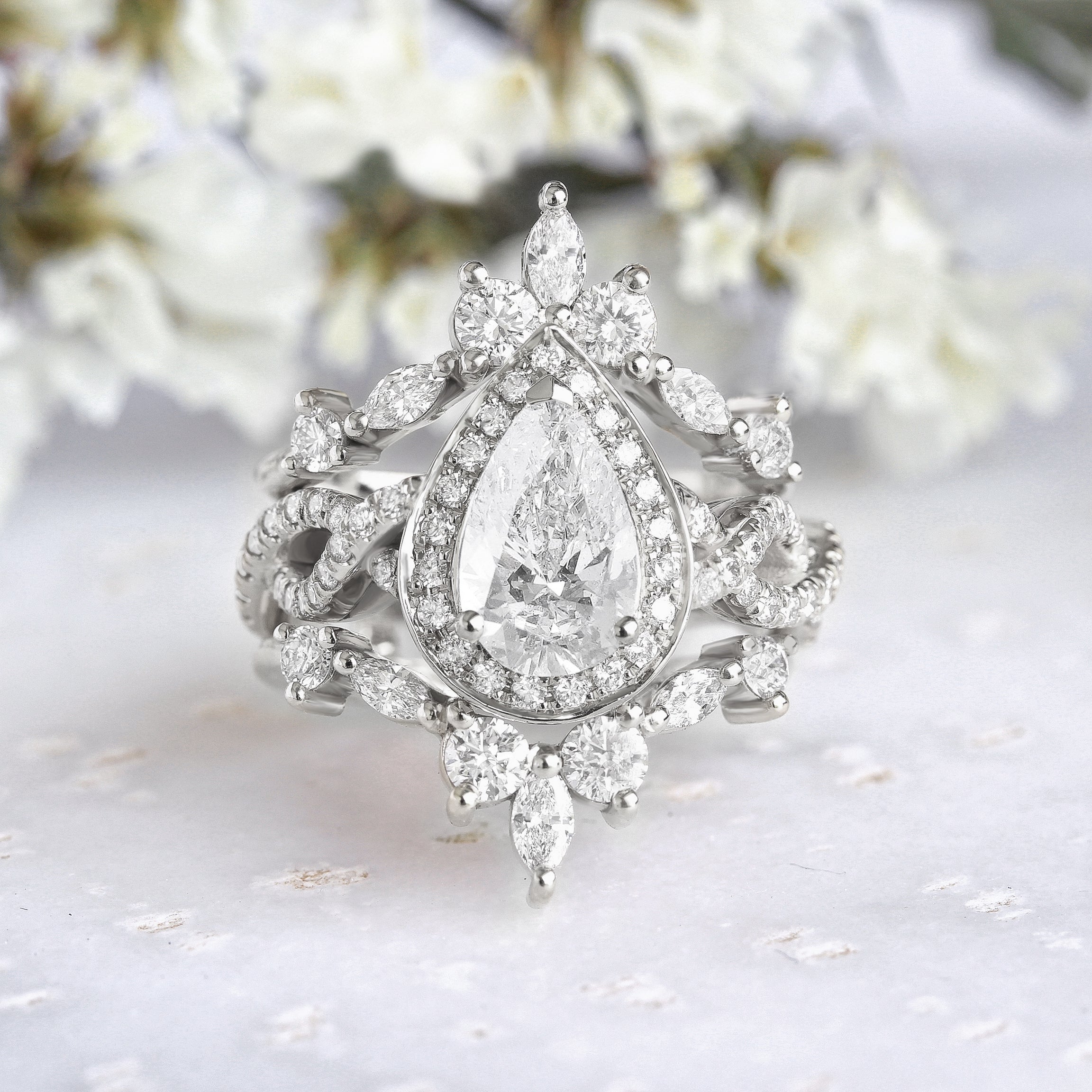Pear Diamond with Halo Twist Infinity Shank Wedding Three Ring Set, "Iceland" ♥