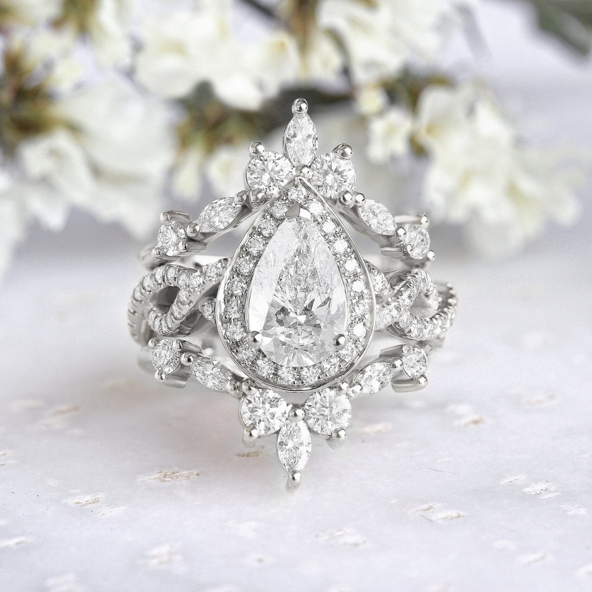 Pear Diamond with Halo Twist Infinity Shank Wedding Three Ring Set, "Iceland"