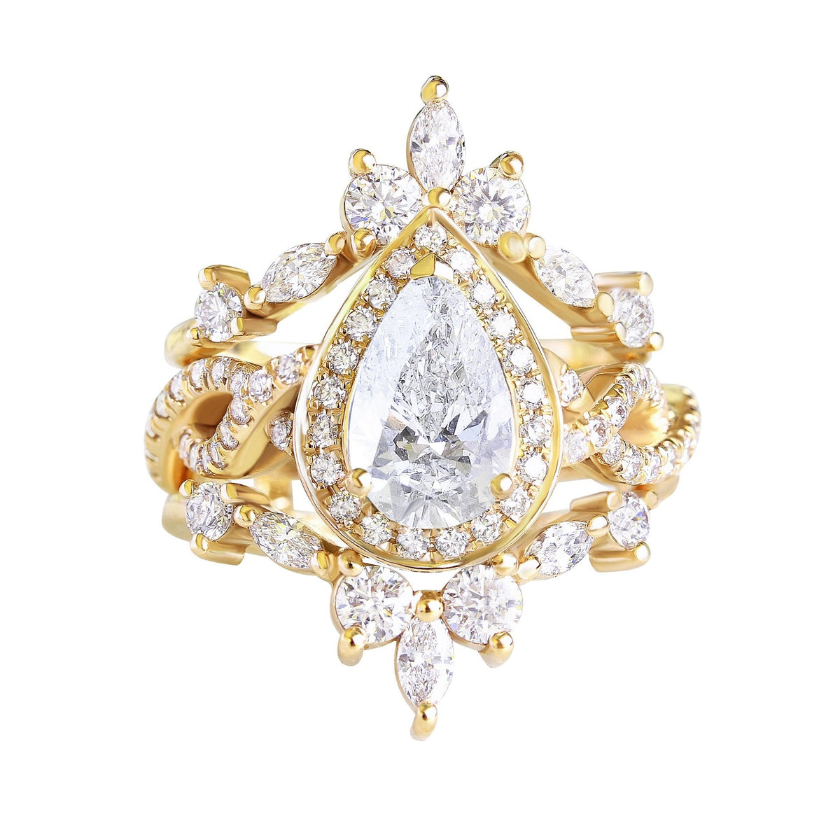 Pear Diamond with Halo Twist Infinity Shank Wedding Three Ring Set, "Iceland"