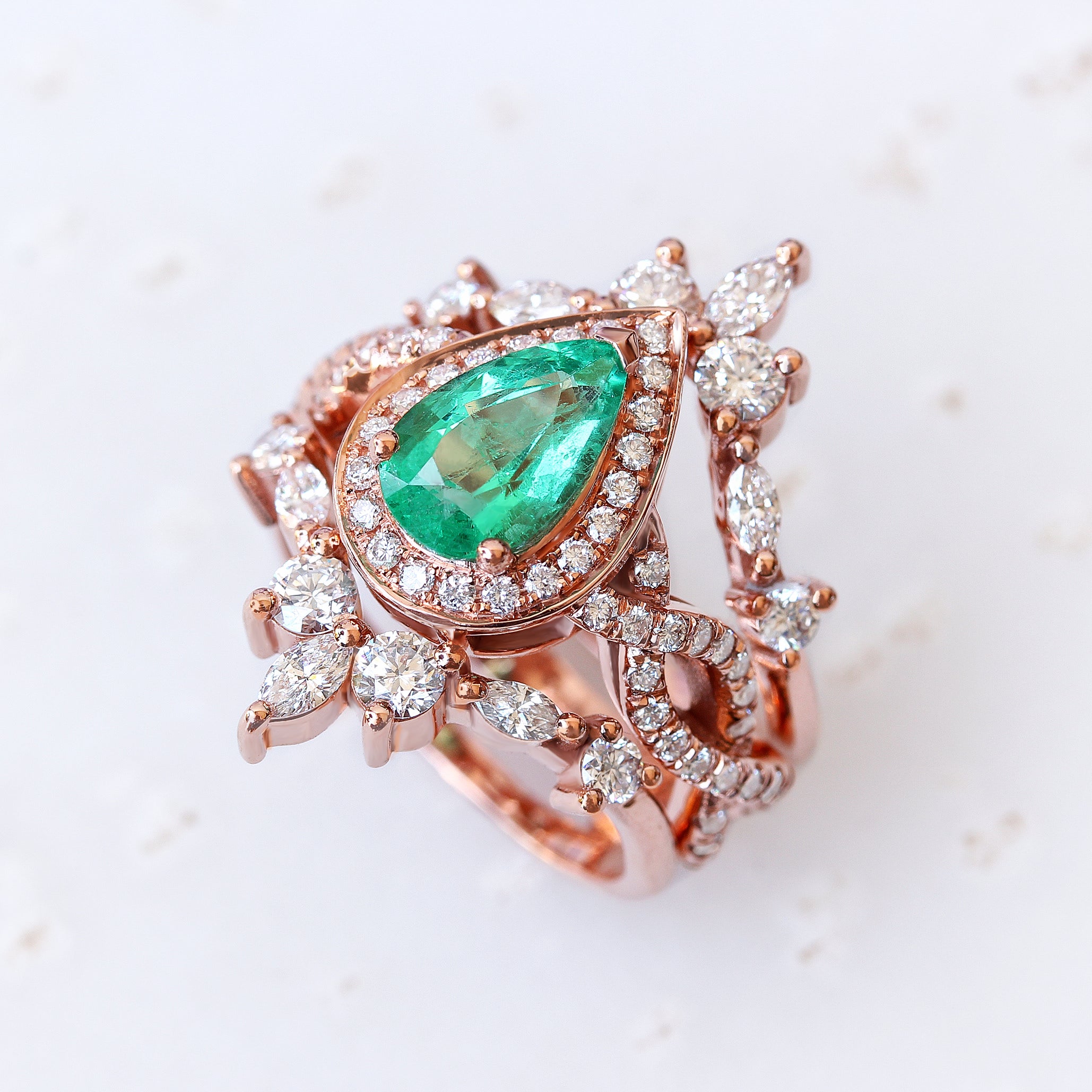 Pear Emerald Halo Twist Shank Unique Engagement & two Hermès Wedding Rings Guard Enhancer - Iceland - sillyshinydiamonds