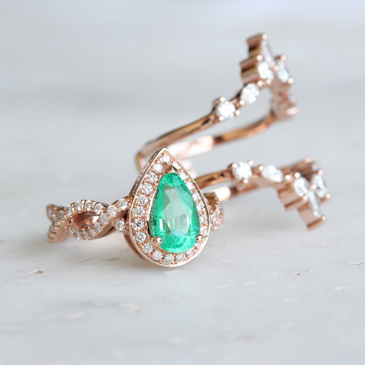 Pear Emerald Halo Engagement Ring Infinity Twist Rope Band