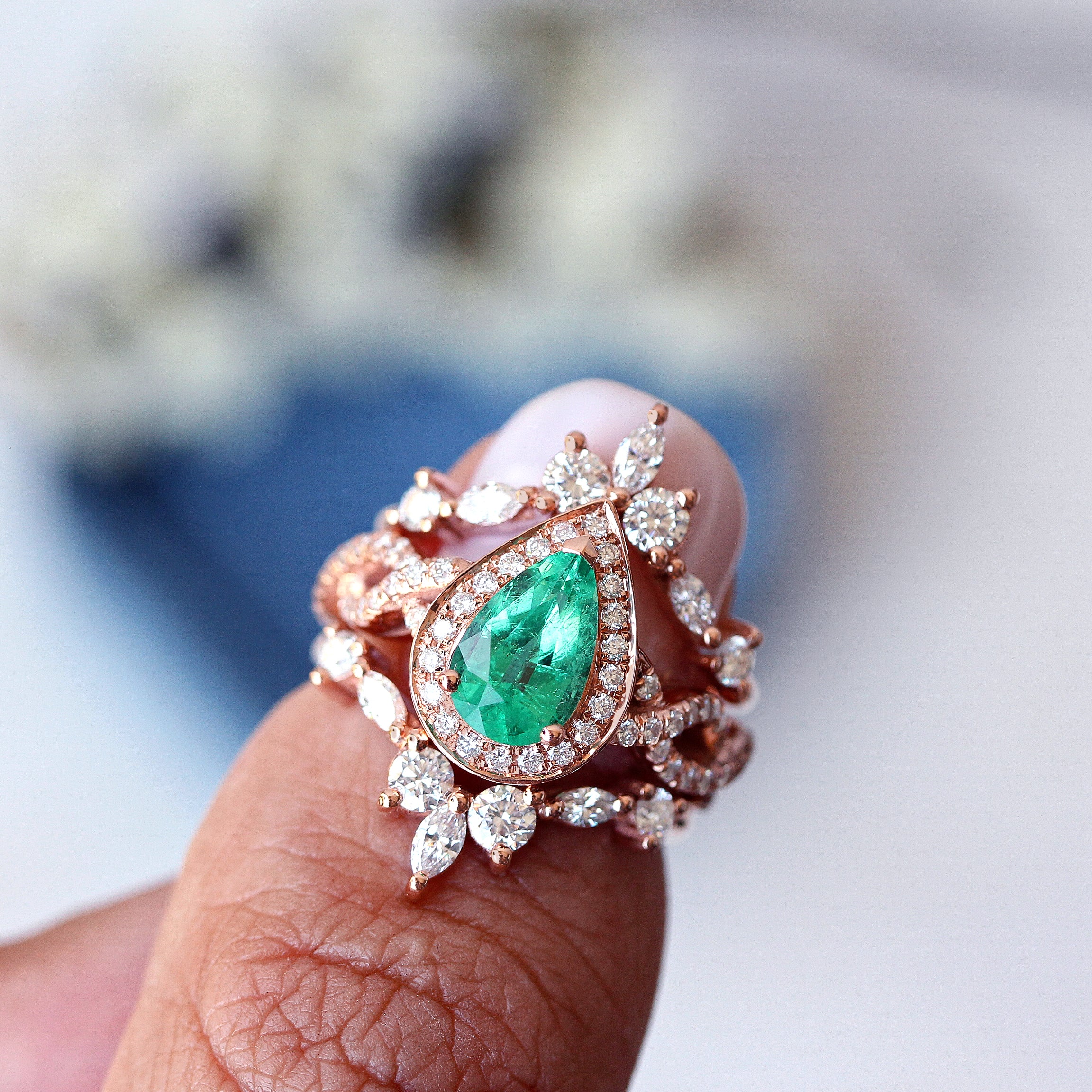 Pear Emerald Halo Twist Shank Unique Engagement & two Hermès Wedding Rings Guard Enhancer - Iceland - sillyshinydiamonds