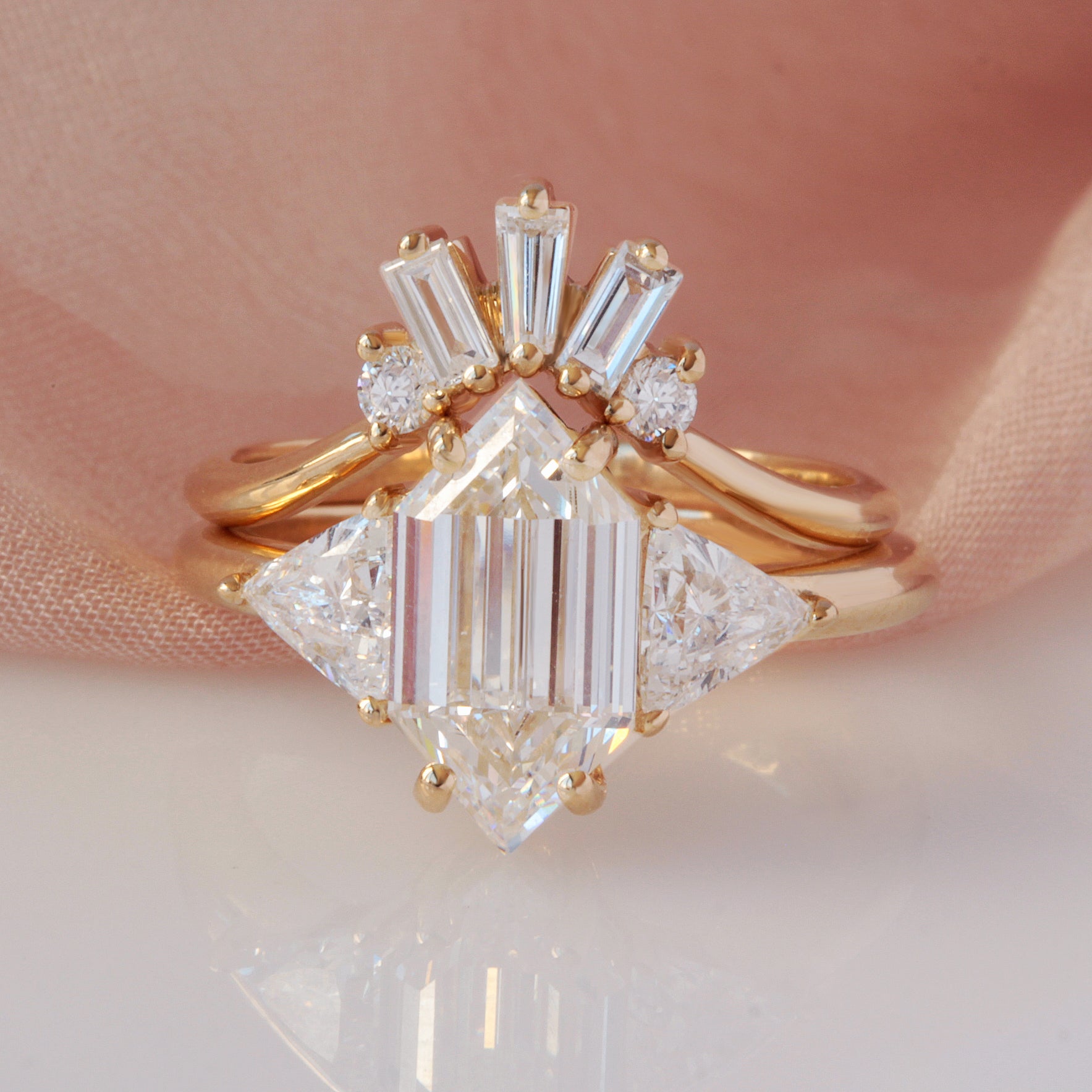 Elongated Hexagon Diamond Three Stone Engagement ring