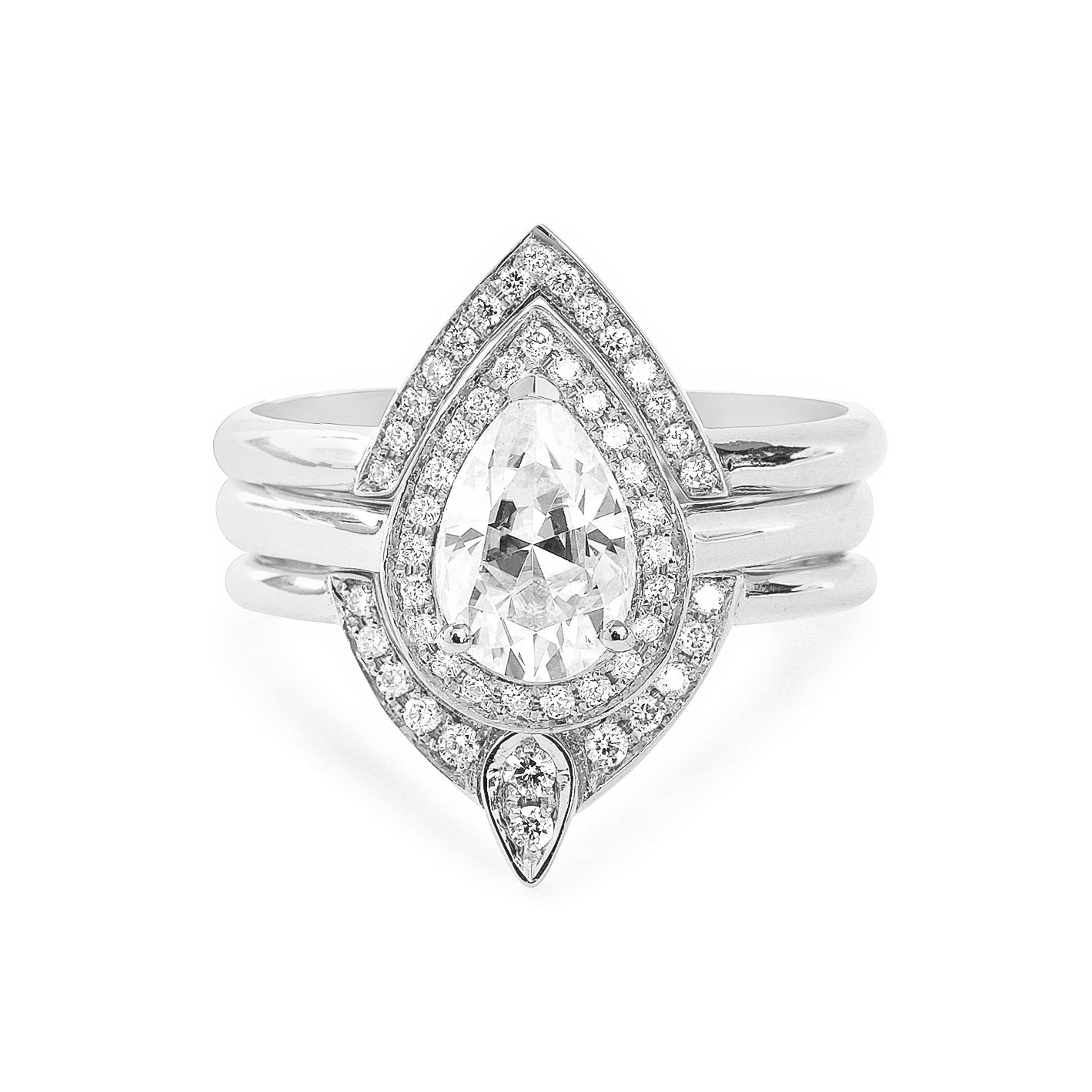 Certified 1.50 carat, 9X6 mm Forever One Moissanite Pear Engagement Ring & Diamond Matching Diamond Wedding Ring, Bridal Set 3rd Eye Trio - sillyshinydiamonds