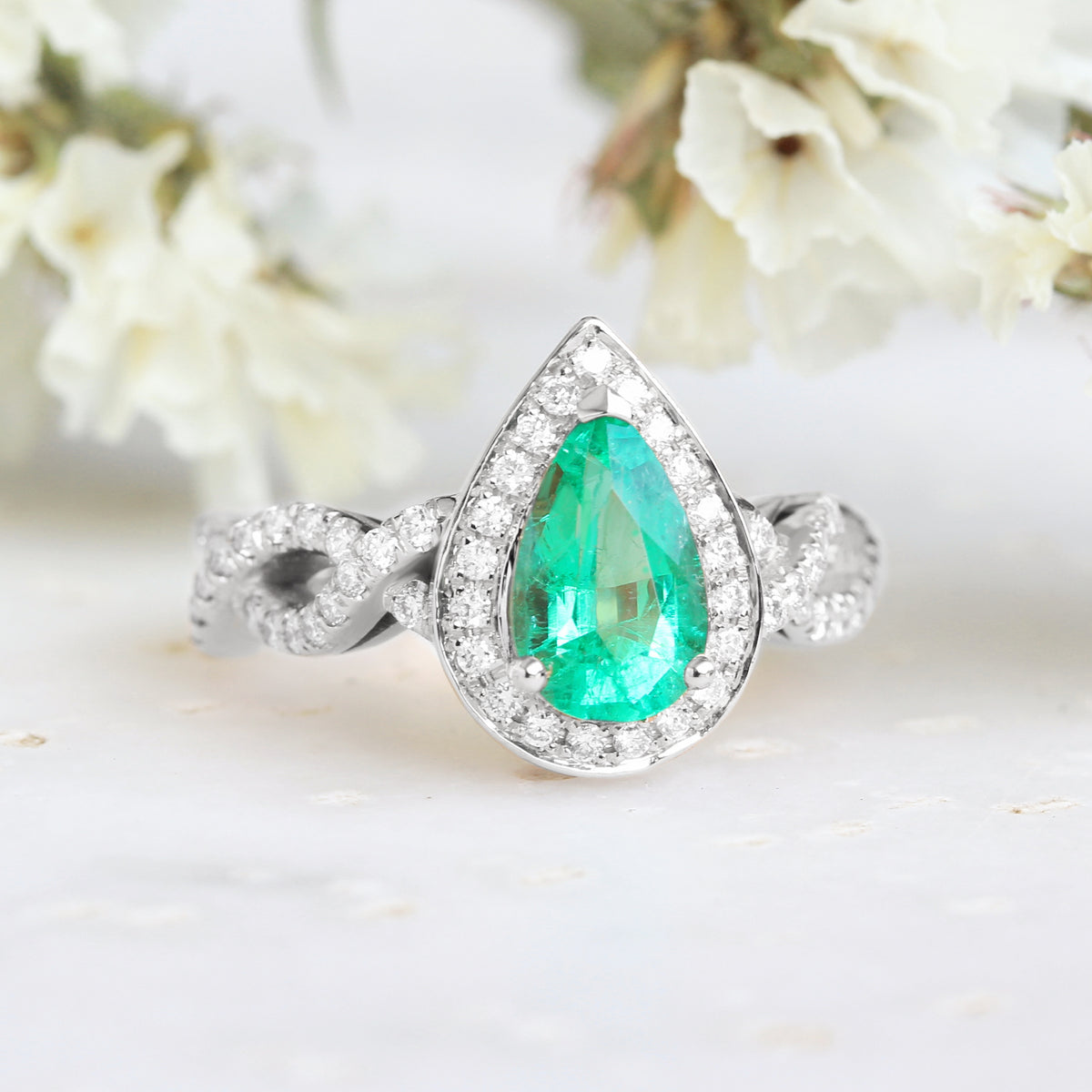 Pear Emerald Halo Engagement Ring Infinity Twist Rope Band