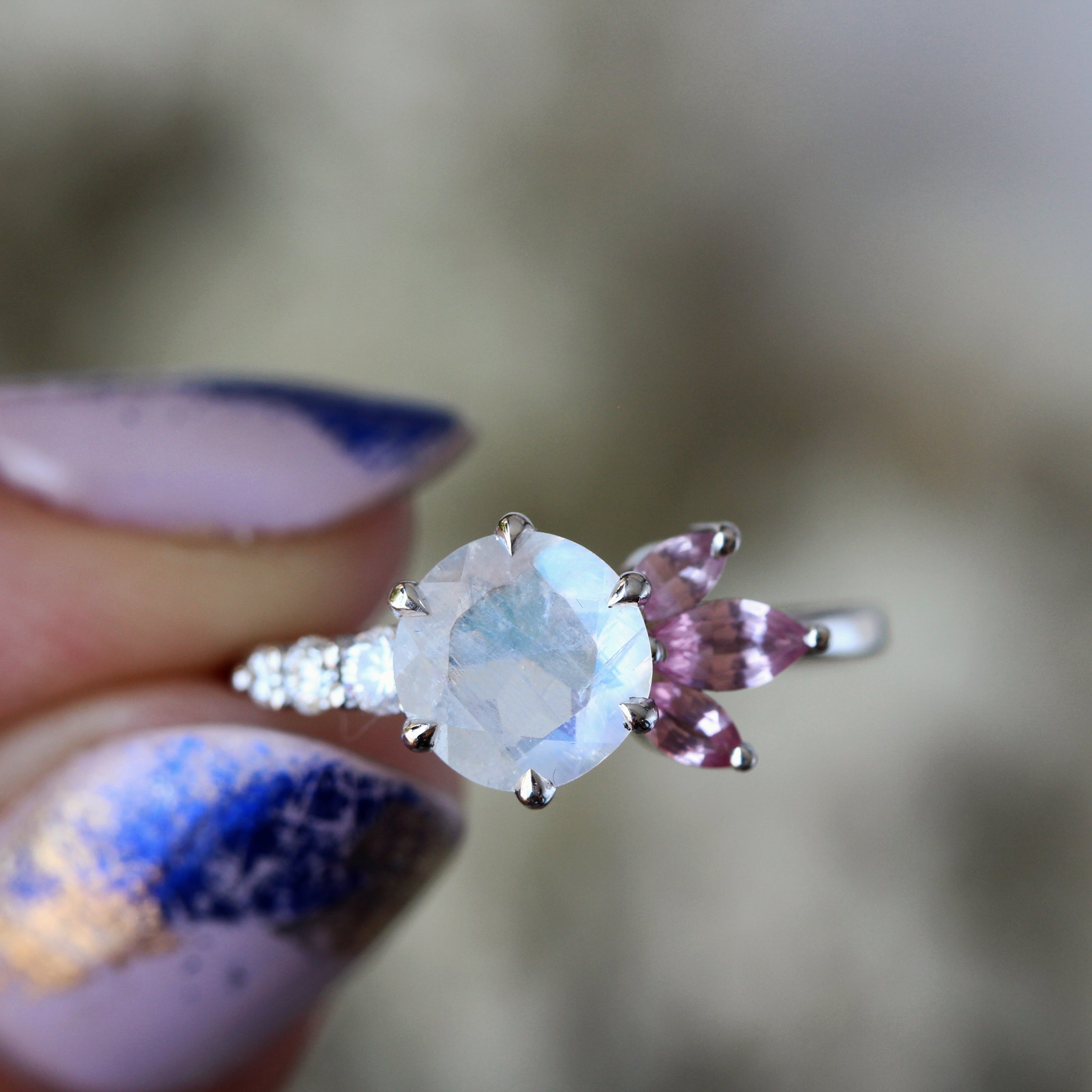 Unique Moonstone Spinel & Diamonds Ring, Aime, 14K White Gold, Size 6.5 - sillyshinydiamonds