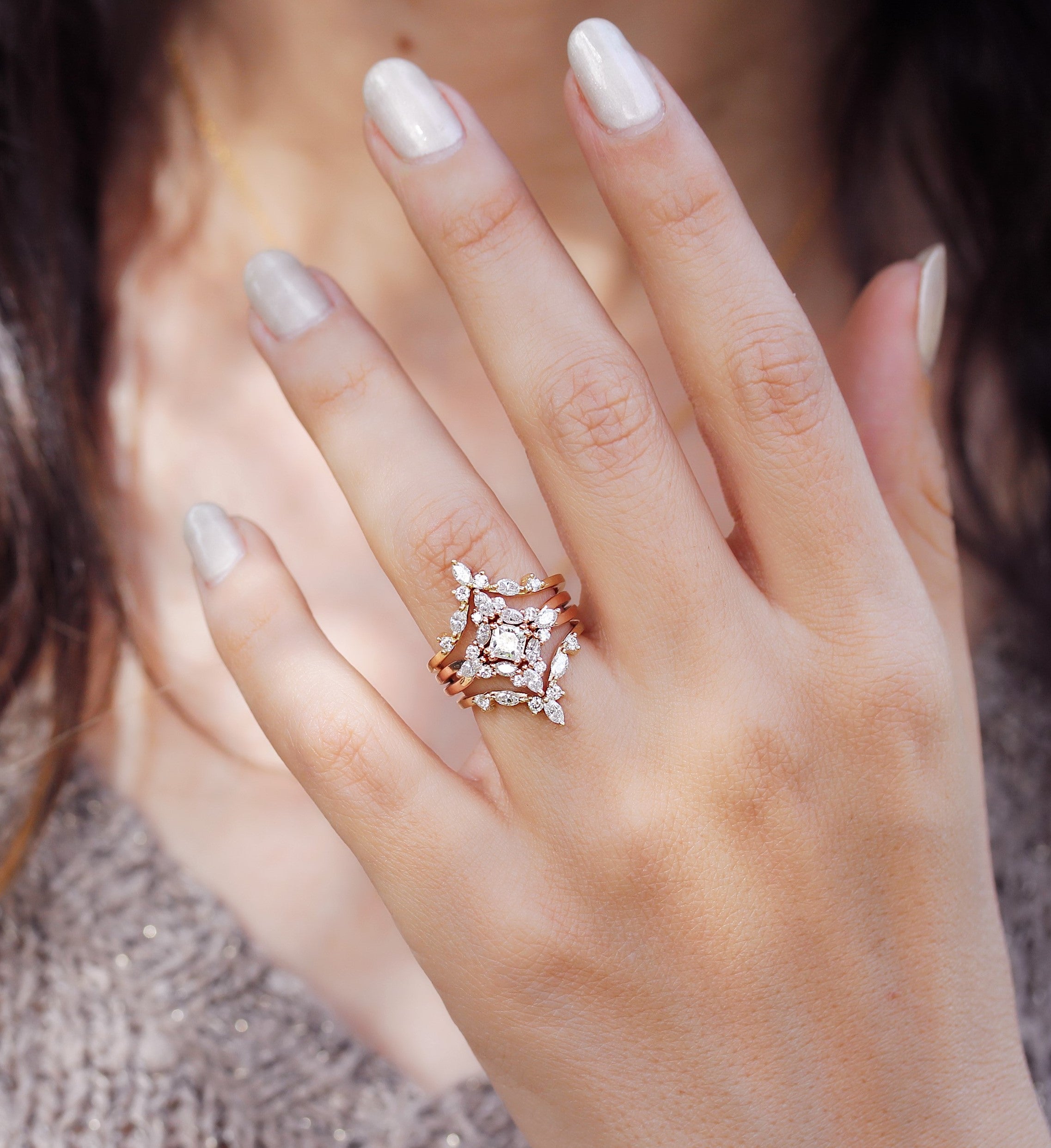 Princess Cut Diamond Engagement Ring, Three Rings Set - Altair and Two Hermes Sidebands ♥