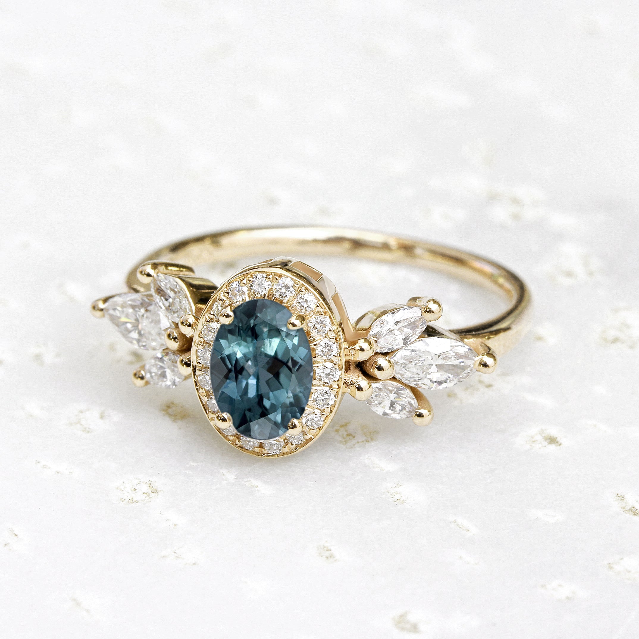 Oval teal sapphire art deco engagement ring - Athena