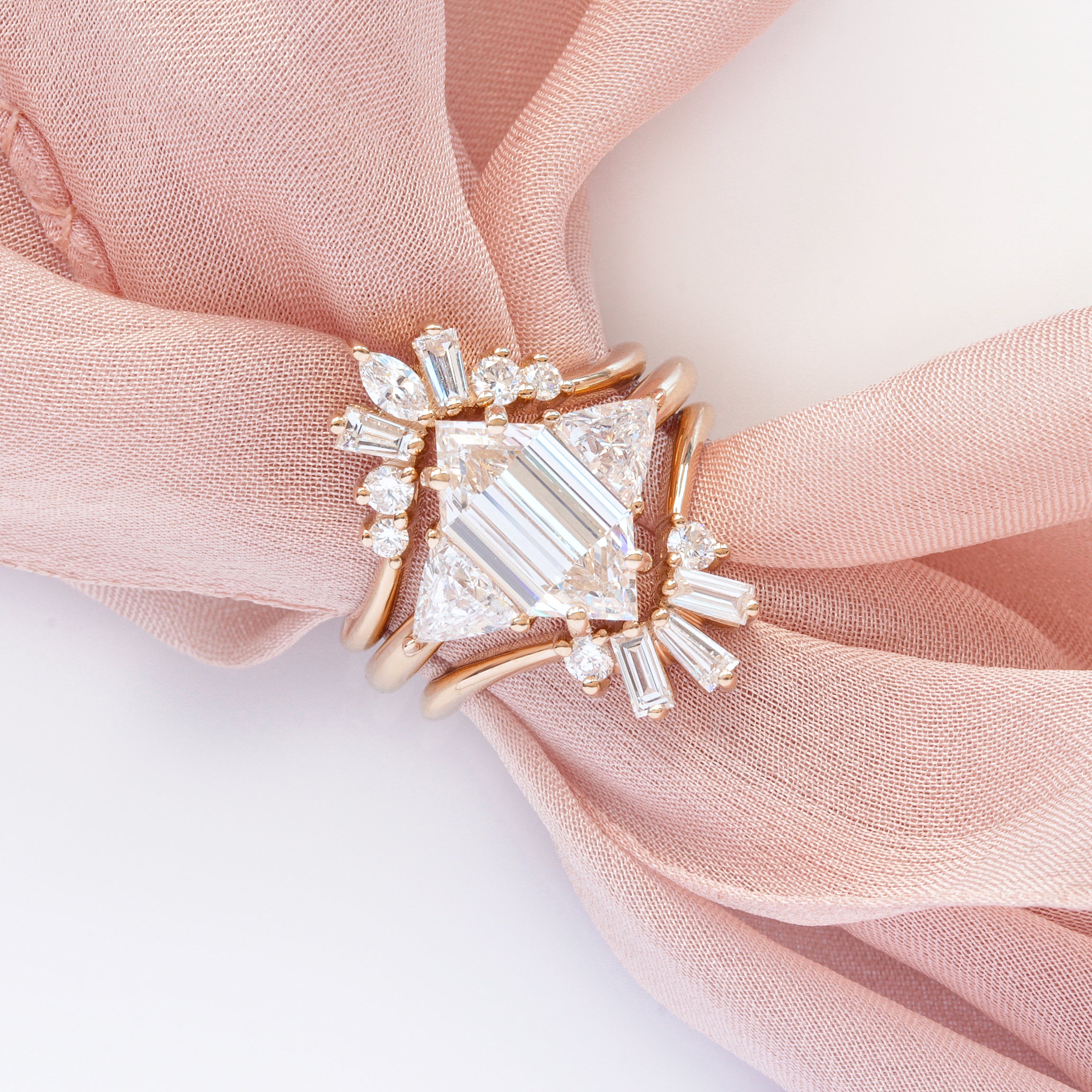 Elongated Hexagon Lab Diamond Three Stone Engagement ring & Two Nesting Bands ♥