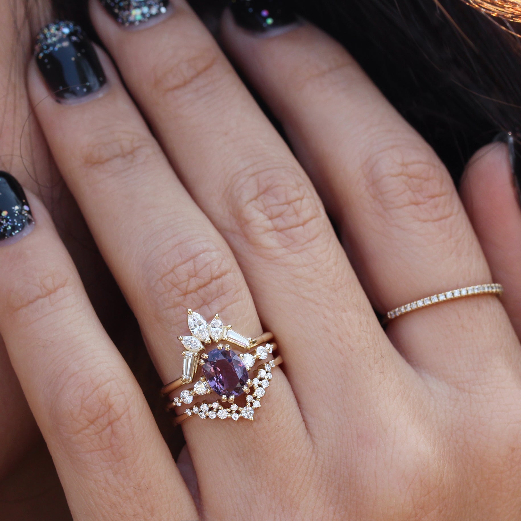 Purple Spinel & Diamonds Engagement Rings set, Candy pop + Artemis - sillyshinydiamonds