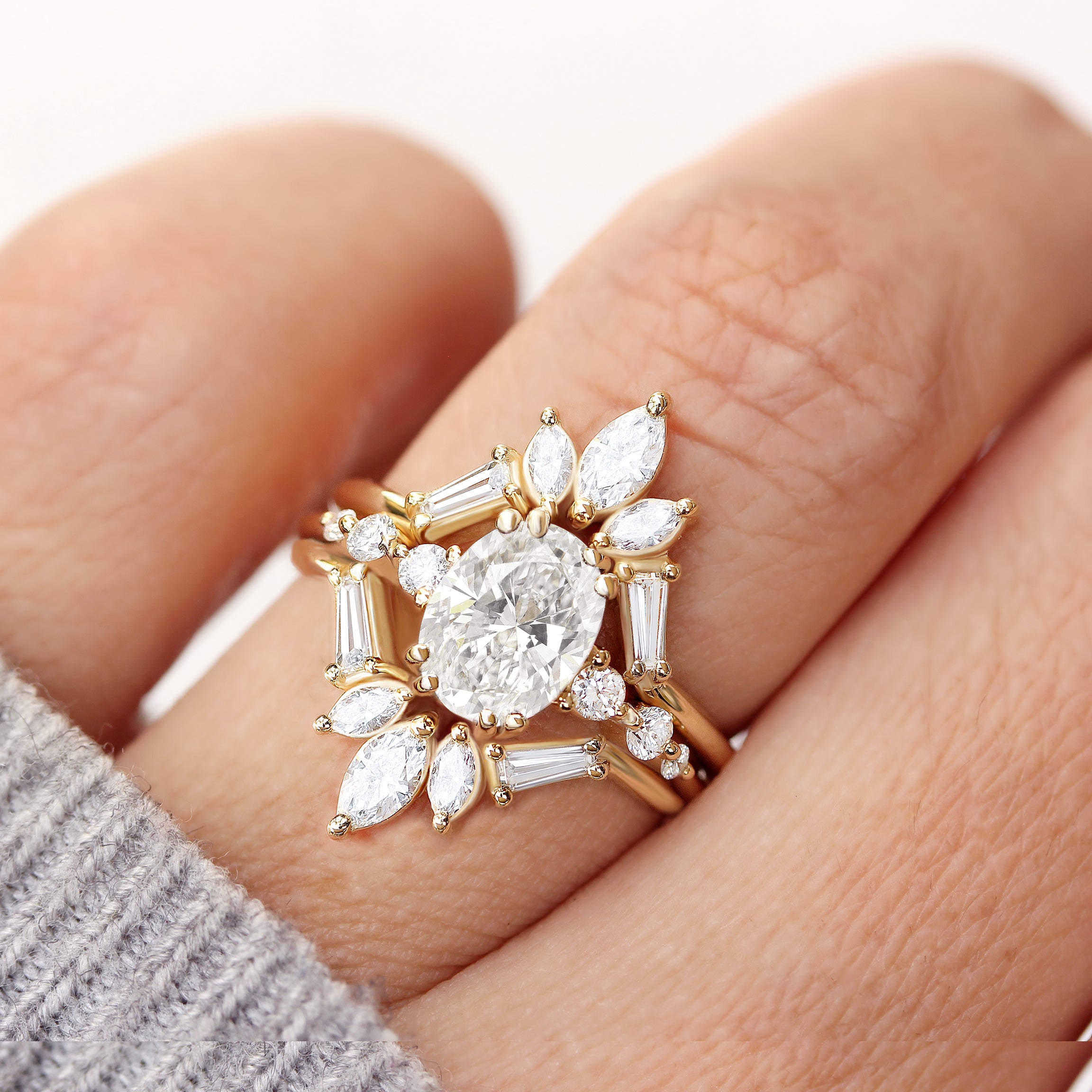 oval diamond engagement three ring set Artemis, marquise, taped diamonds, unique 