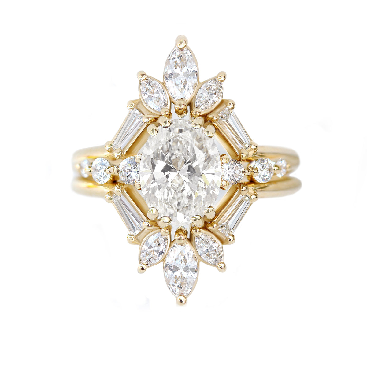 oval diamond engagement three ring set Artemis, marquise, taped diamonds, unique 