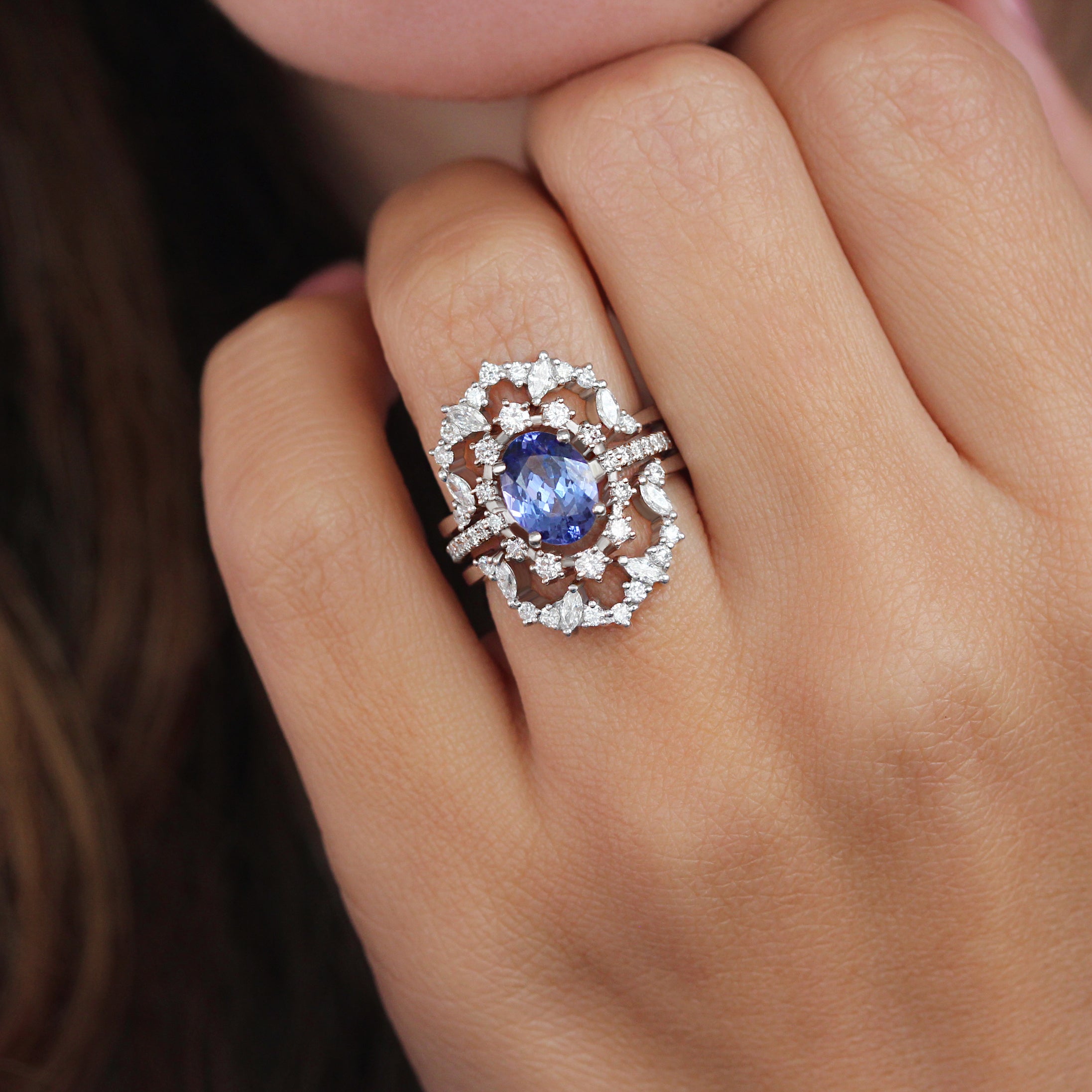 Tanzanite Halo Engagement Ring "Glory" with "Charlotte" Ring Guard Enhancer ♥