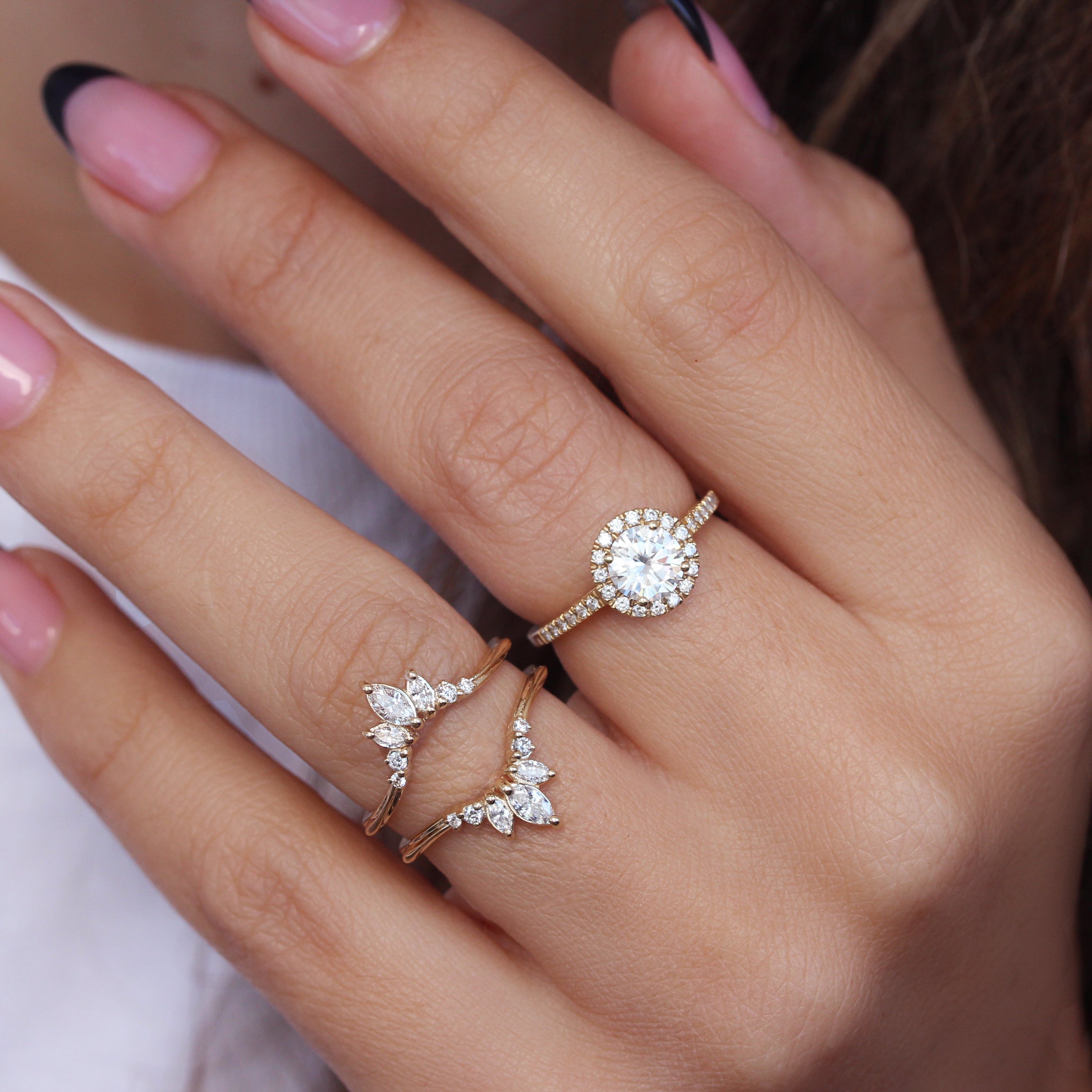 Round diamond halo engagement ring "Lady" & Diamond Ring Guard Enhancer "Danielle" - Bridal Two Ring Set