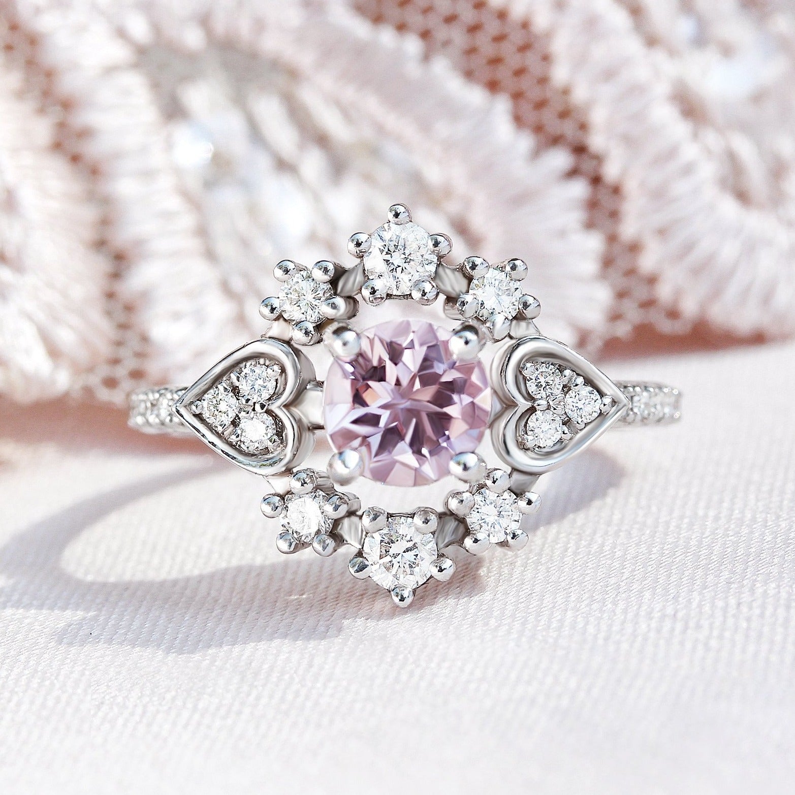 Morganite & diamonds Engagement Ring, Destiny One, 14K White Gold Size 6.
