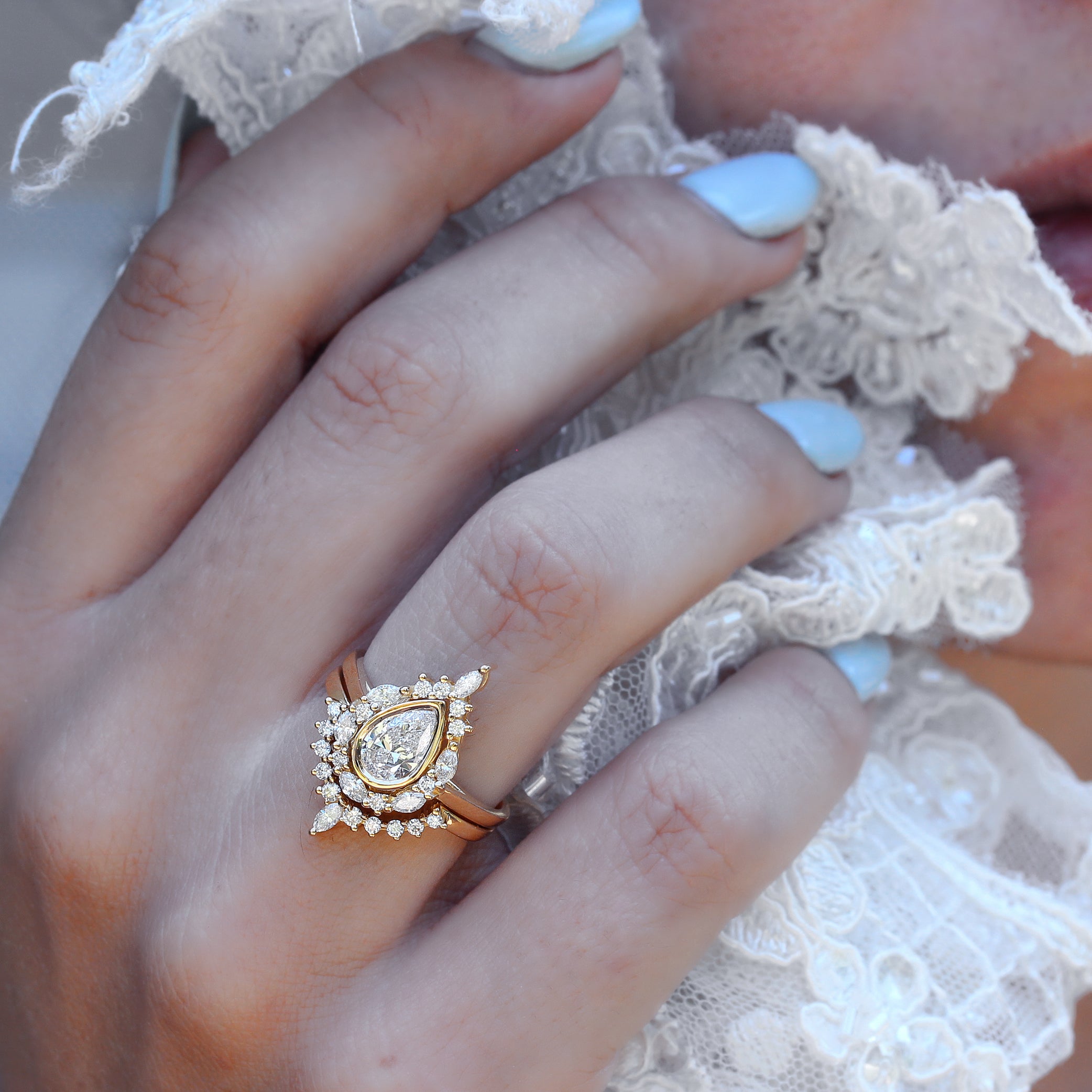 Pear 1.6ct Diamond Unique Engagement Ring Set, Eva - sillyshinydiamonds
