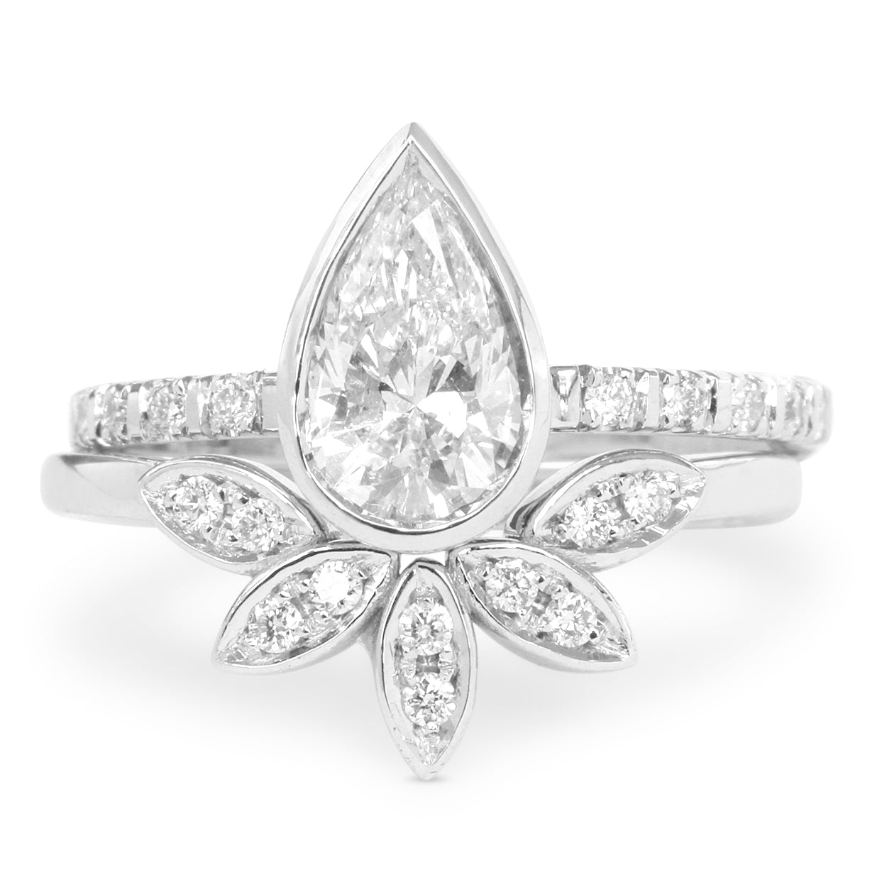 0.5ct Pear Diamond Minimal Engagement Ring & 5 Leaves Ring Wedding Ring Set - sillyshinydiamonds