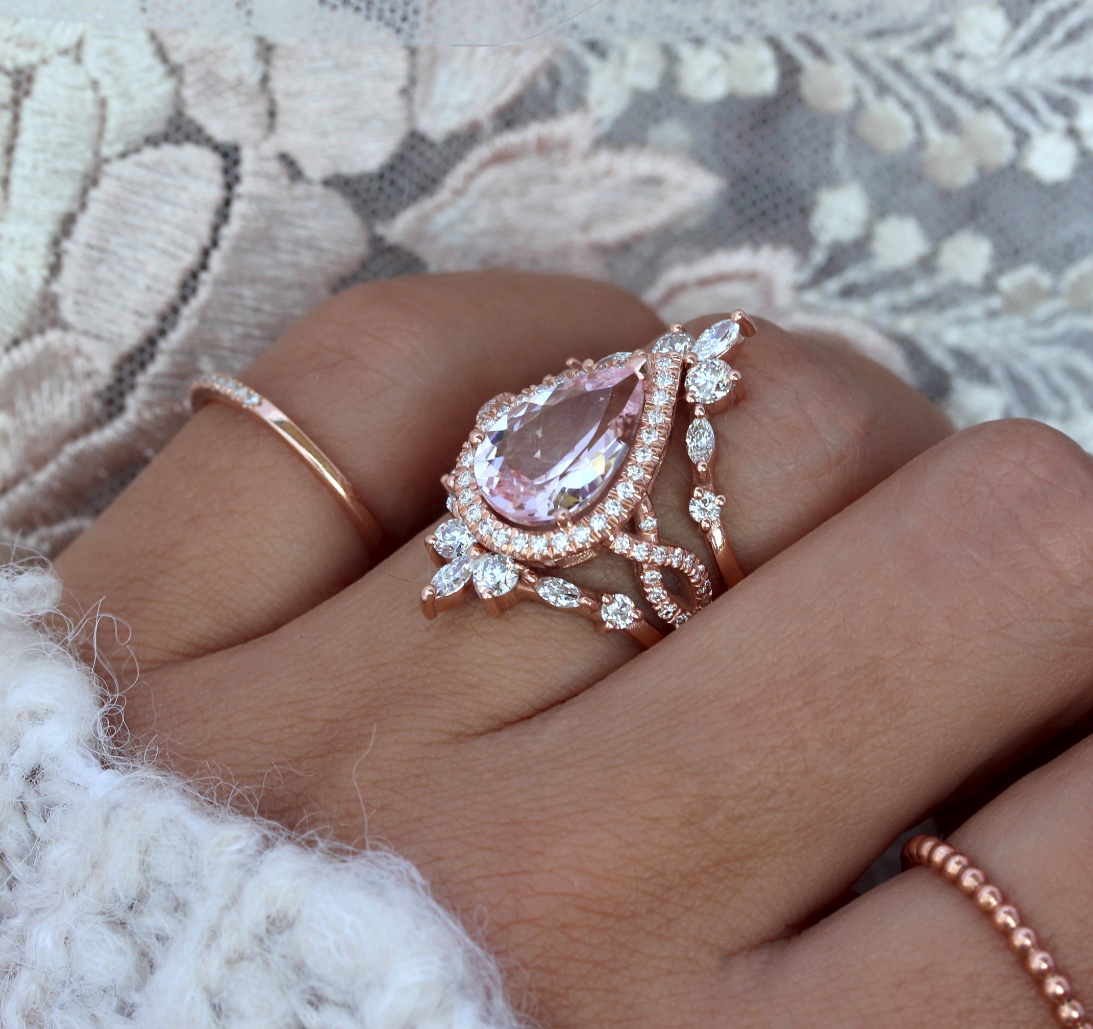 3 carats Pear Pink Morganite, Twist Shank Band Engagement Ring - "Elise" with Iceland Ring guard ♥