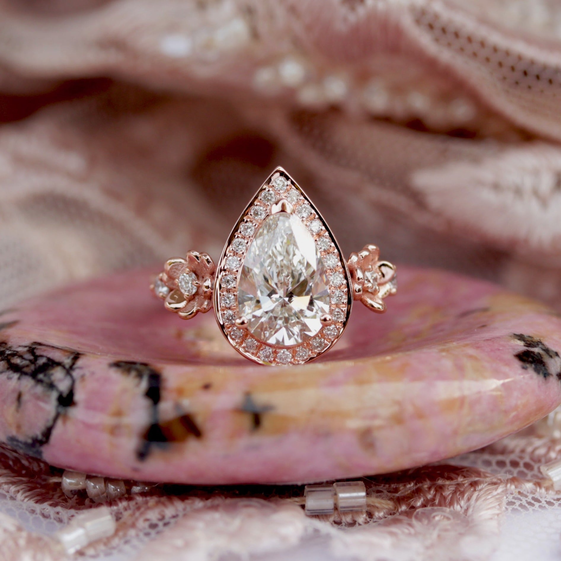 Flowers Pear Diamond Engagement Ring & Two Matching Nesting Bands Three Ring Set - "Antheia"
