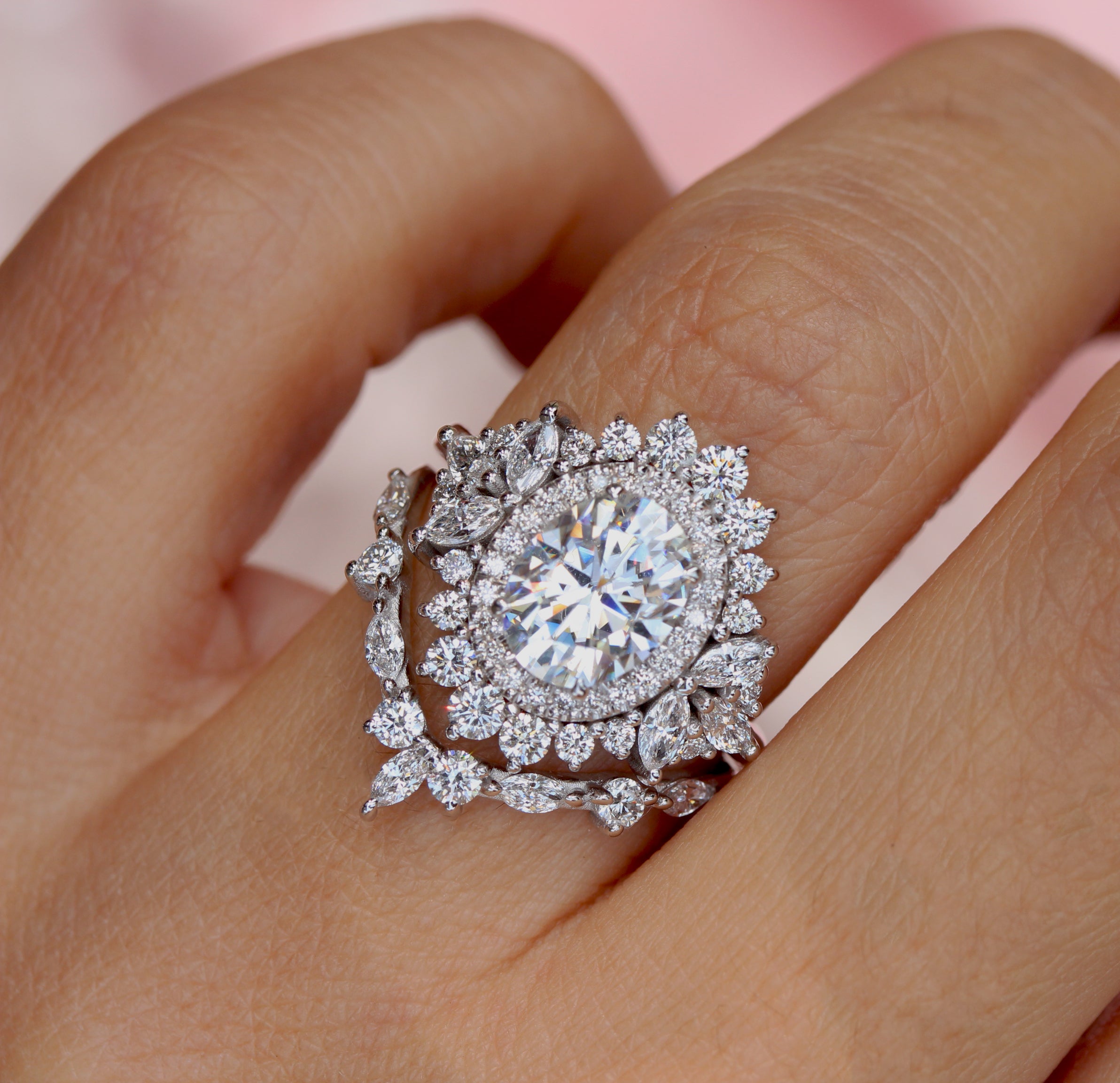 Oval Diamond 1.50 carat Double Halo Engagement Rings Set, Monaco