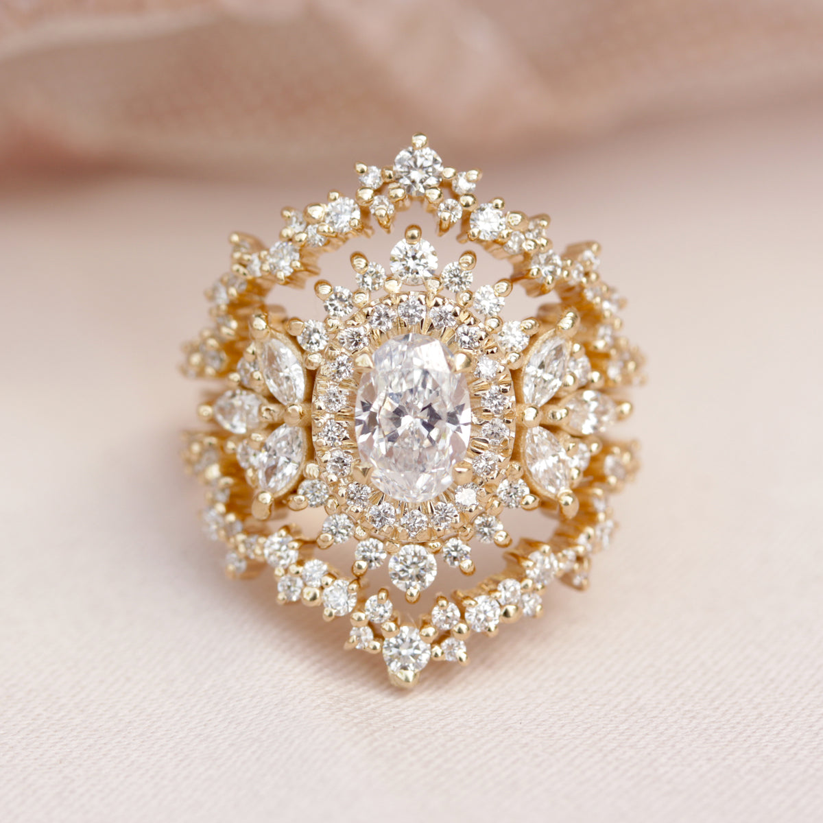Double Halo Oval Diamond Engagement Ring with Ring Guard Enhancer - "Monaco" made by silly shiny diamonds , yellow gold 